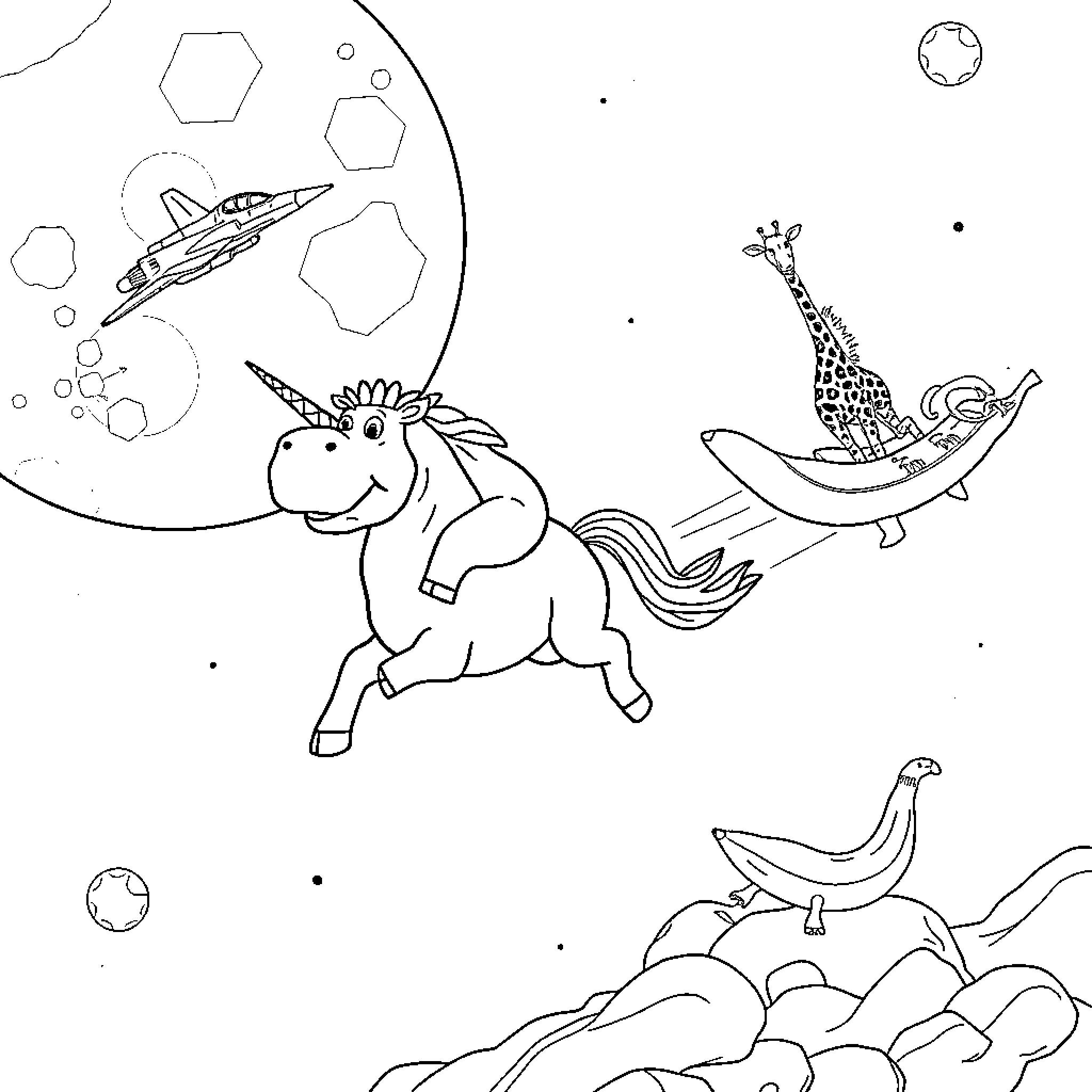 Hippo unicorn soaring through the cosmic scene Coloring Page (free black-and-white line drawing printable PDF for all, from beginners to advanced learners, including children, teens, adults, and seniors)