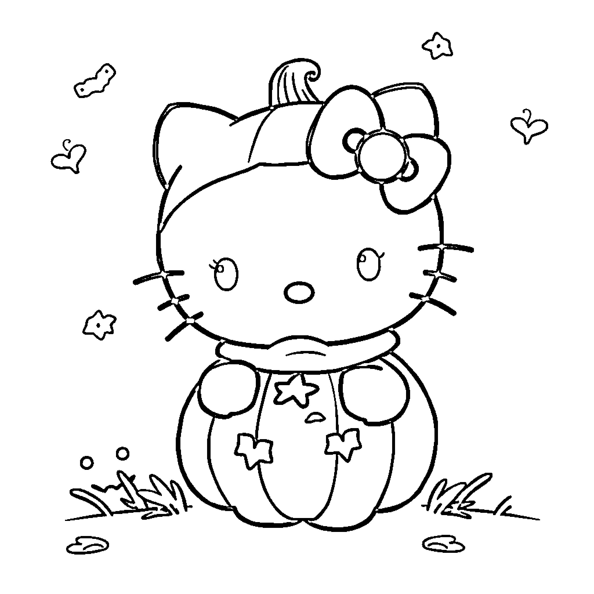 Hello Kitty sitting on a pumpkin Coloring Page (free black-and-white line drawing printable PDF for all, from beginners to advanced learners, including children, teens, adults, and seniors)