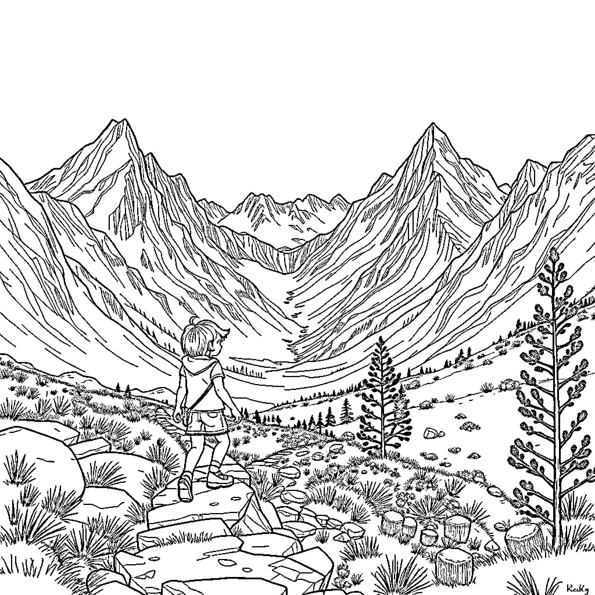 Girl hiking through picturesque mountain landscape Coloring Page (free black-and-white line drawing printable PDF for all, from beginners to advanced learners, including children, teens, adults, and seniors)