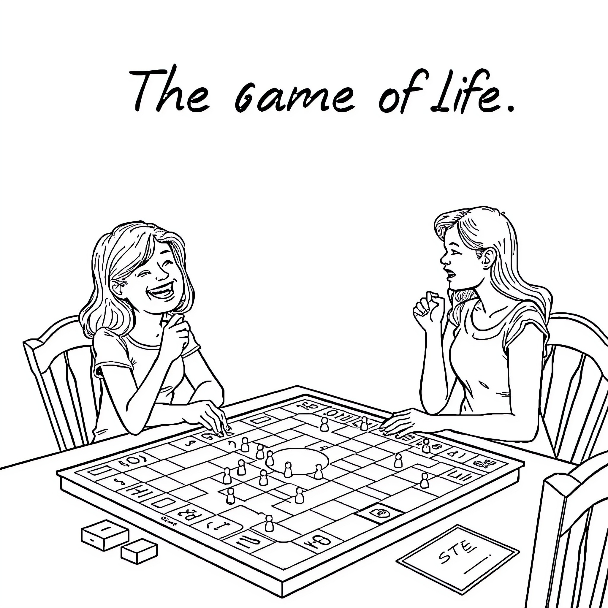 Mother and daughter playing the game of life Coloring Page (free black-and-white line drawing printable PDF for all, from beginners to advanced learners, including children, teens, adults, and seniors)