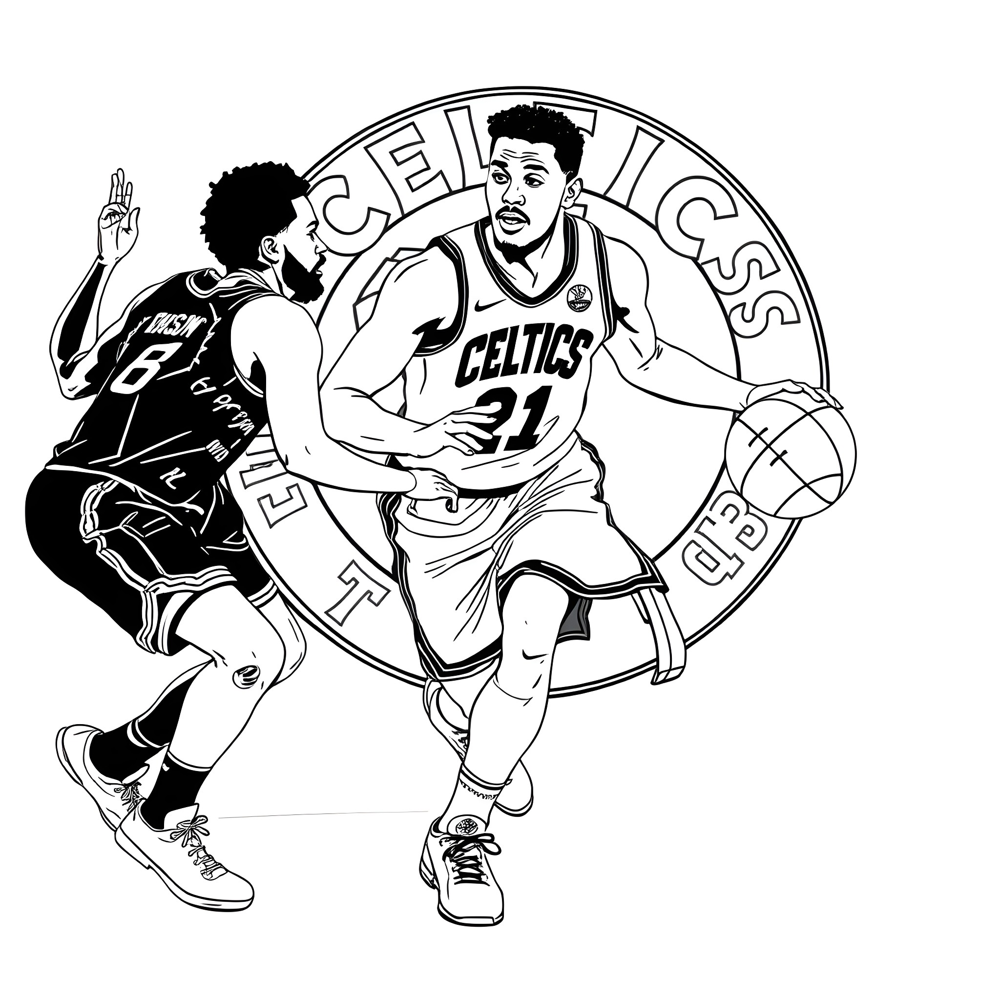 Jalen Brunson dribbling basketball in Celtics uniform Coloring Page (free black-and-white line drawing printable PDF for all, from beginners to advanced learners, including children, teens, adults, and seniors)