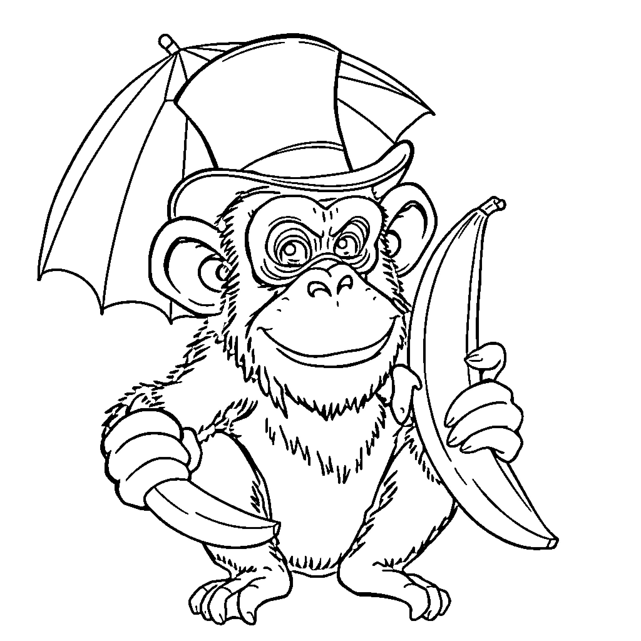 Monkey with umbrella and banana Coloring Page (free black-and-white line drawing printable PDF for all, from beginners to advanced learners, including children, teens, adults, and seniors)