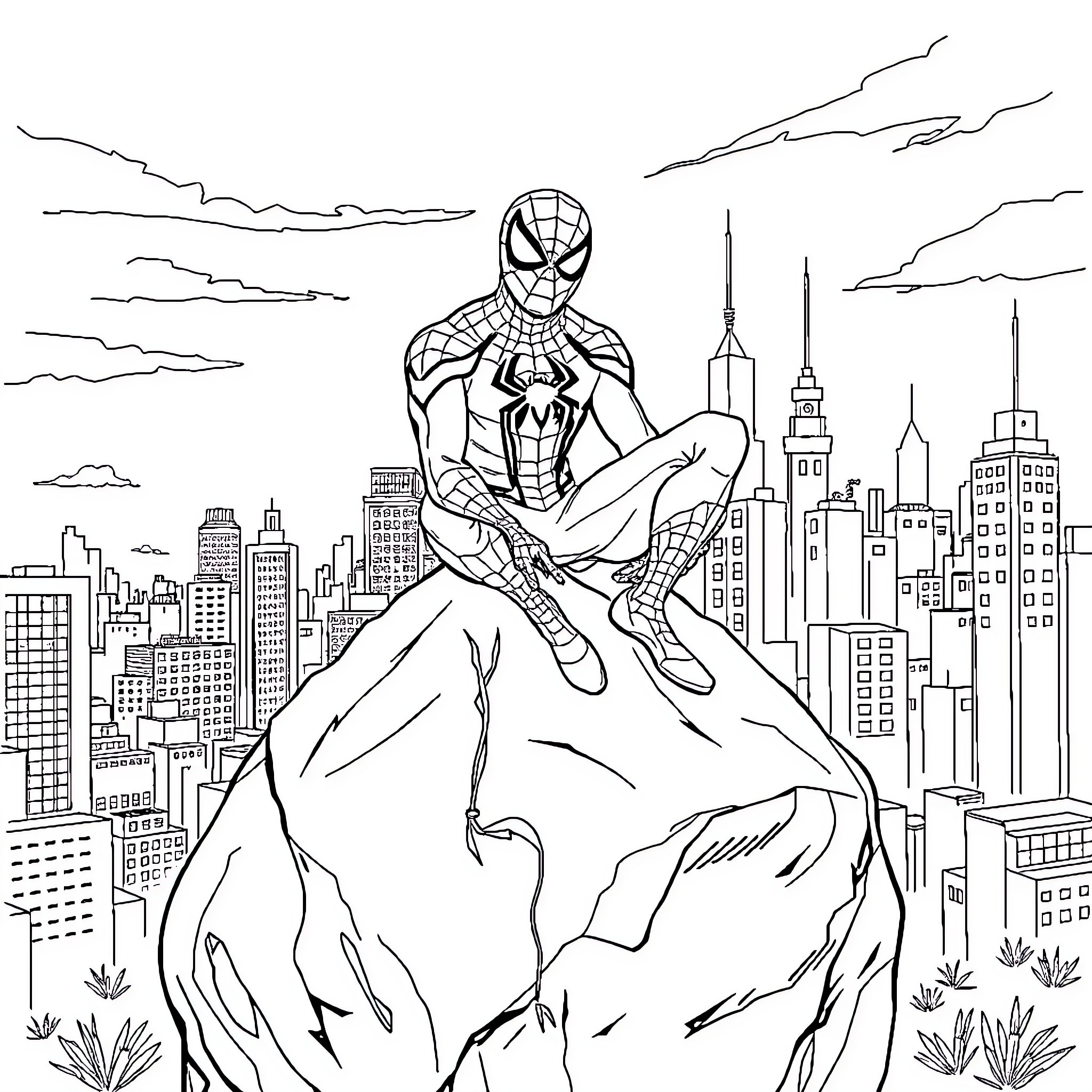 Spiderman Perched Atop a Towering City Skyline Coloring Page (free black-and-white line drawing printable PDF for all, from beginners to advanced learners, including children, teens, adults, and seniors)