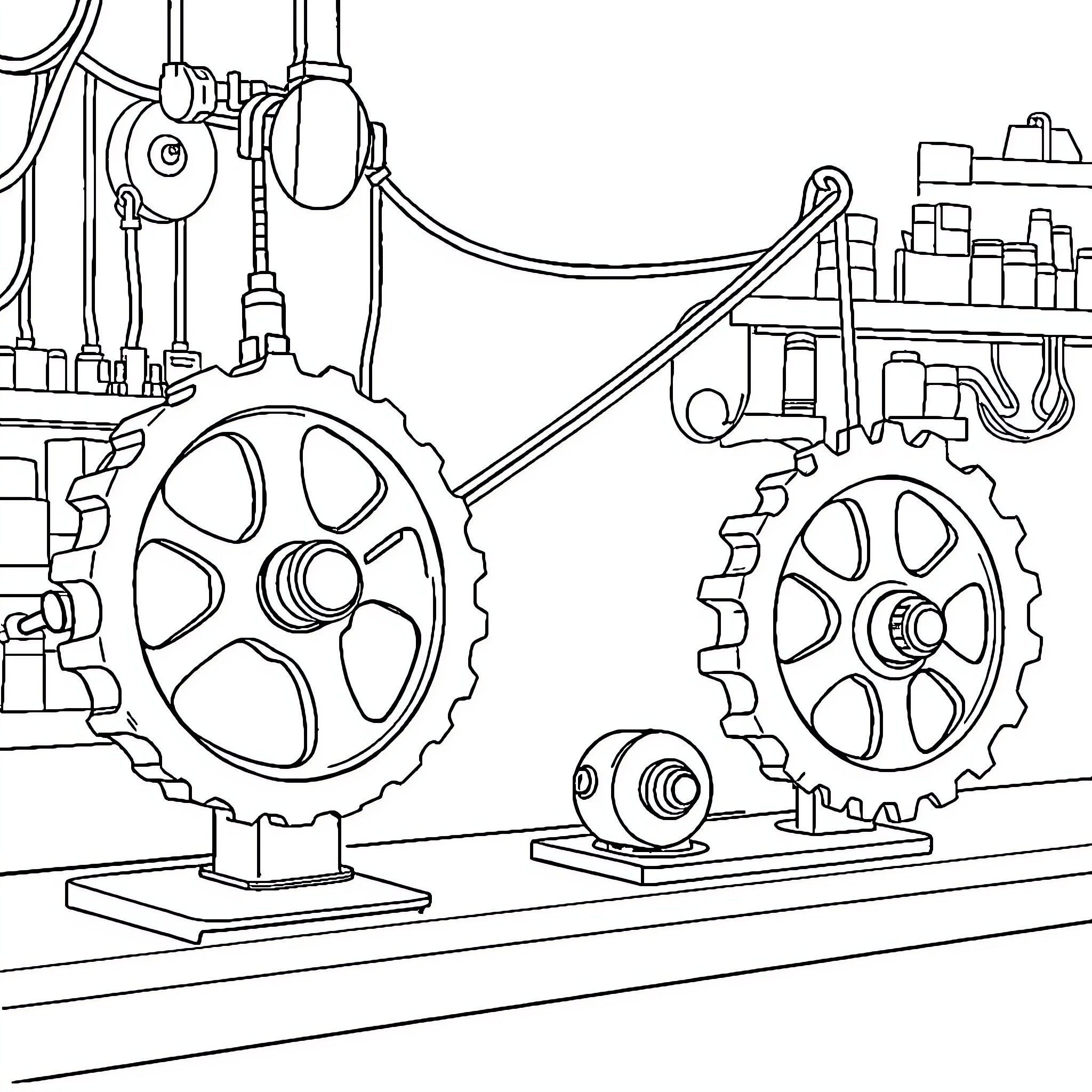 Machine Components and Mechanical Gears Coloring Page (free black-and-white line drawing printable PDF for all, from beginners to advanced learners, including children, teens, adults, and seniors)