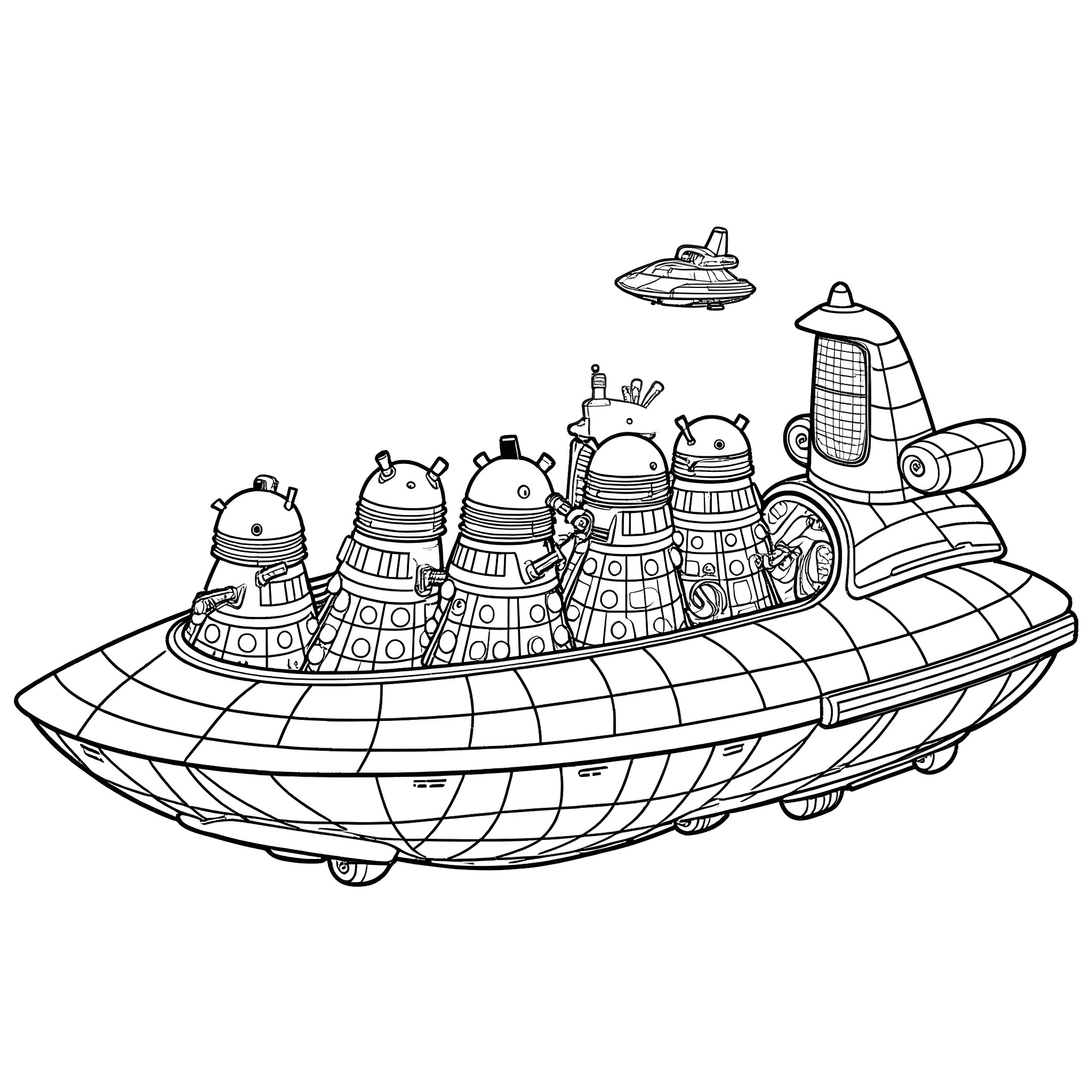 Dalek spacecraft with strange robotic creatures Coloring Page (free black-and-white line drawing printable PDF for all, from beginners to advanced learners, including children, teens, adults, and seniors)