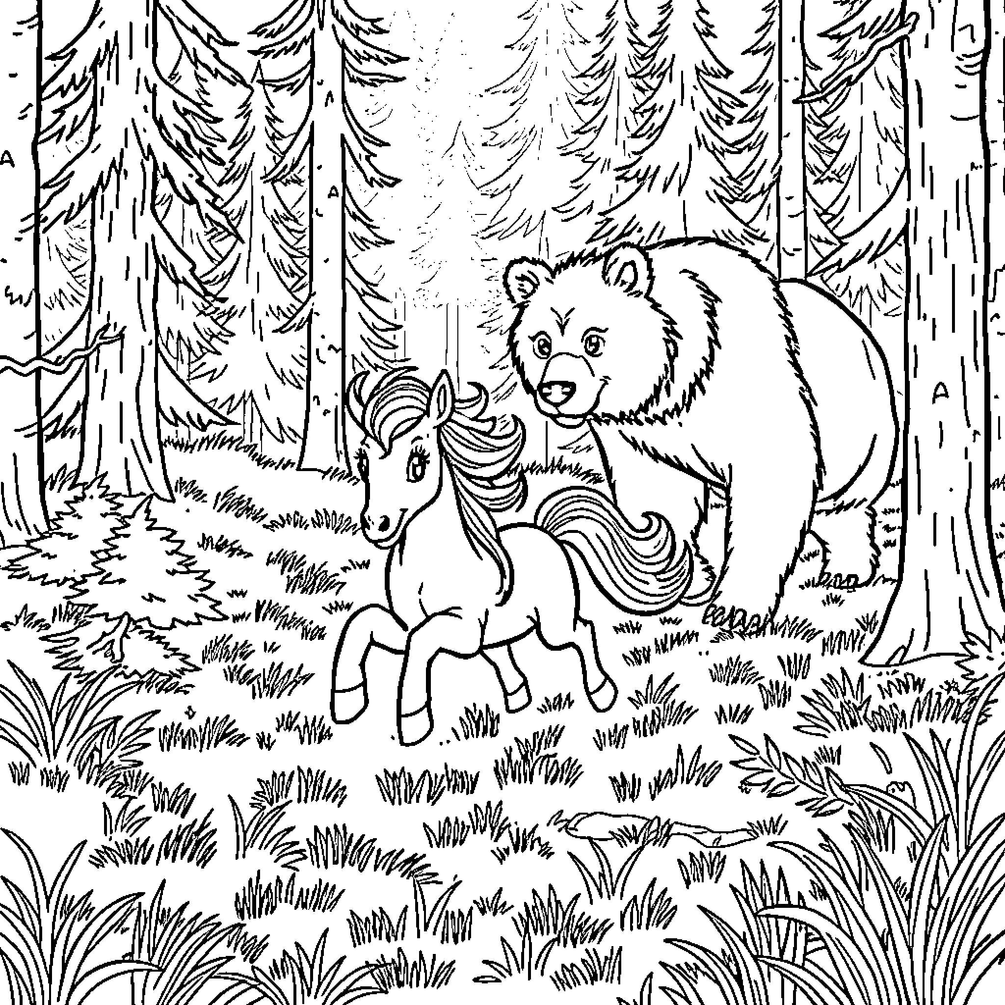 Pony and Bear in the Enchanted Forest Coloring Page (free black-and-white line drawing printable PDF for all, from beginners to advanced learners, including children, teens, adults, and seniors)