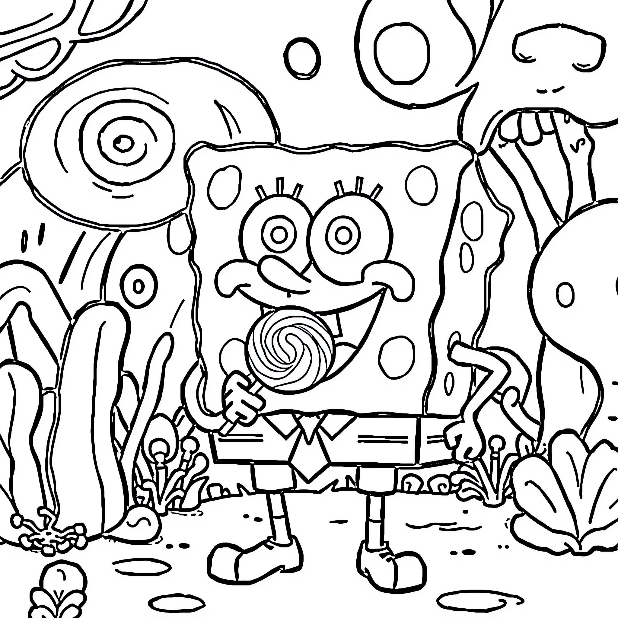 Bob Squarepants enjoying a colorful and whimsical adventure Coloring Page (free black-and-white line drawing printable PDF for all, from beginners to advanced learners, including children, teens, adults, and seniors)