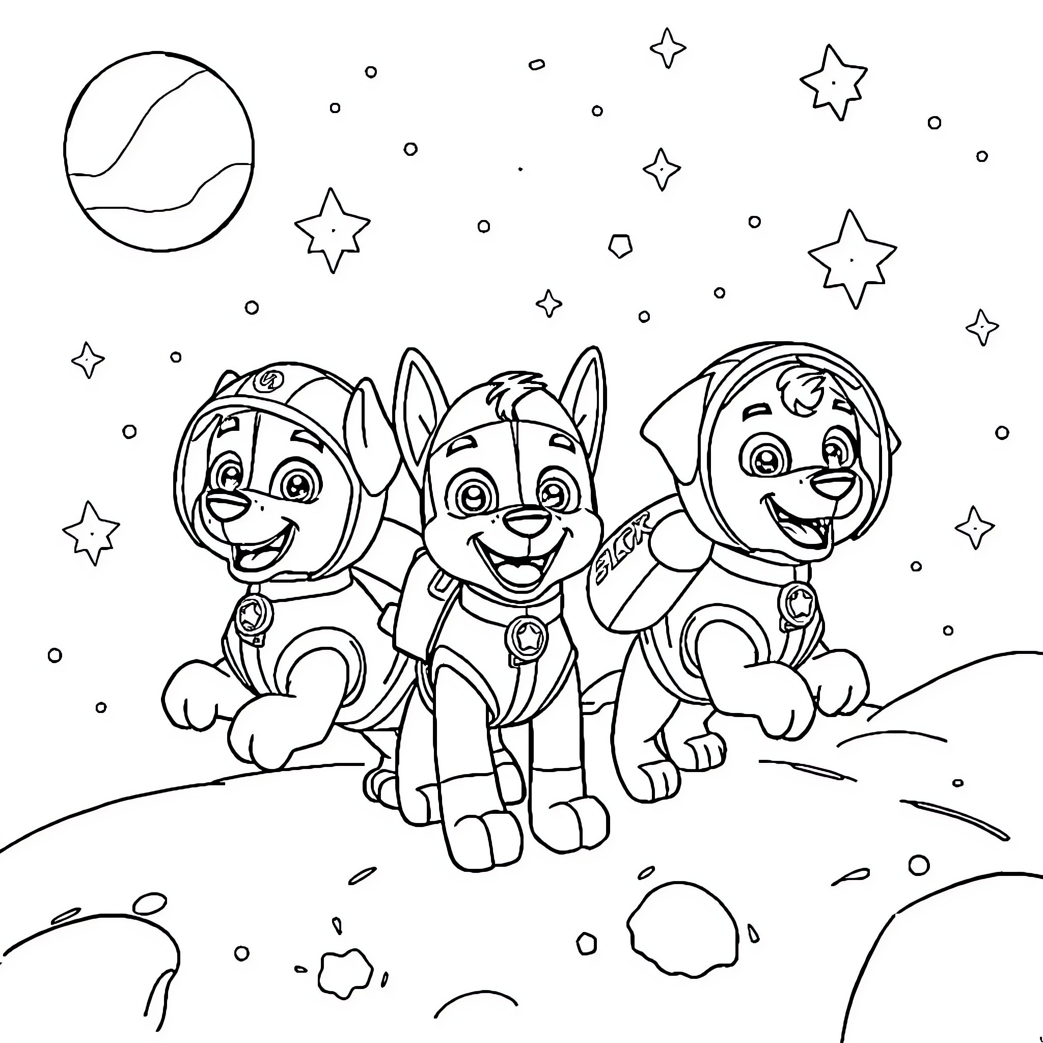 Paw Patrol Puppy Friends Exploring Outer Space Coloring Page (free black-and-white line drawing printable PDF for all, from beginners to advanced learners, including children, teens, adults, and seniors)