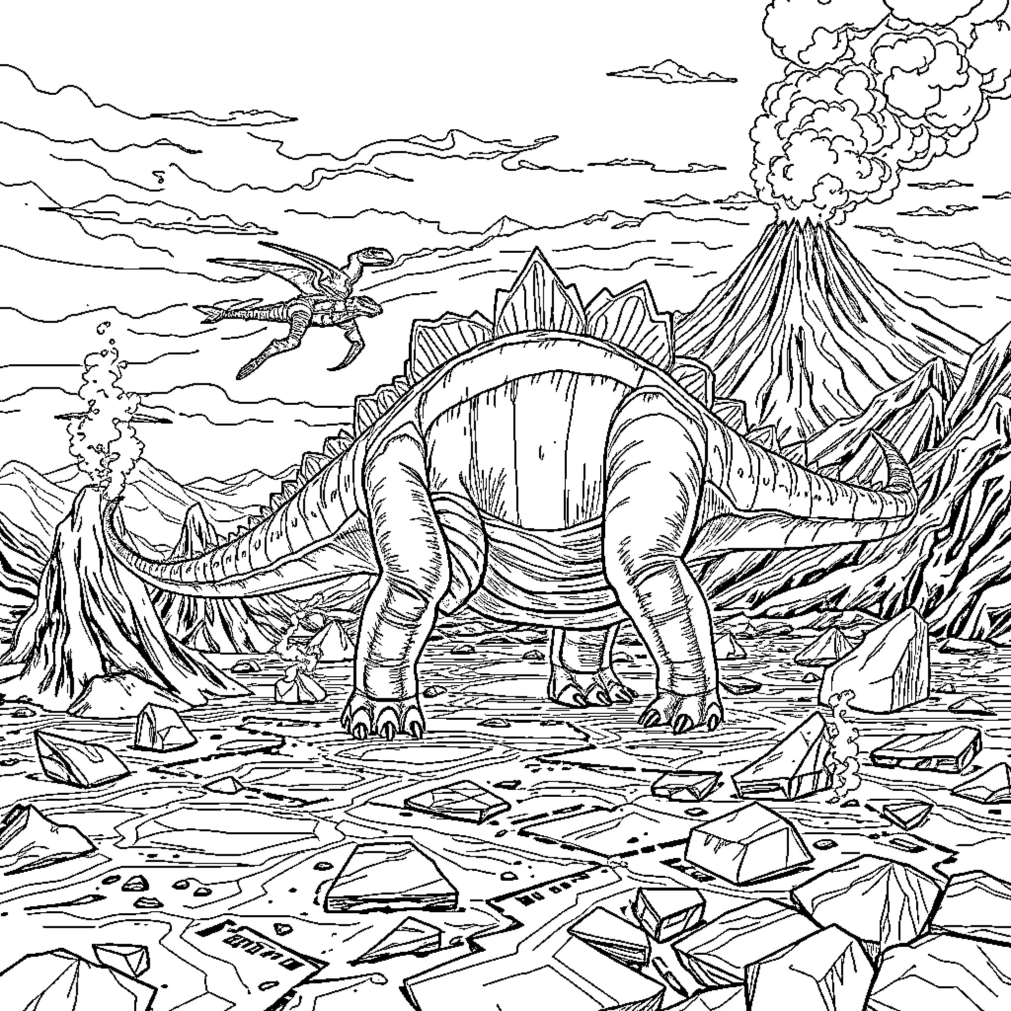 Ankylosaurus exploring the prehistoric landscape Coloring Page (free black-and-white line drawing printable PDF for all, from beginners to advanced learners, including children, teens, adults, and seniors)