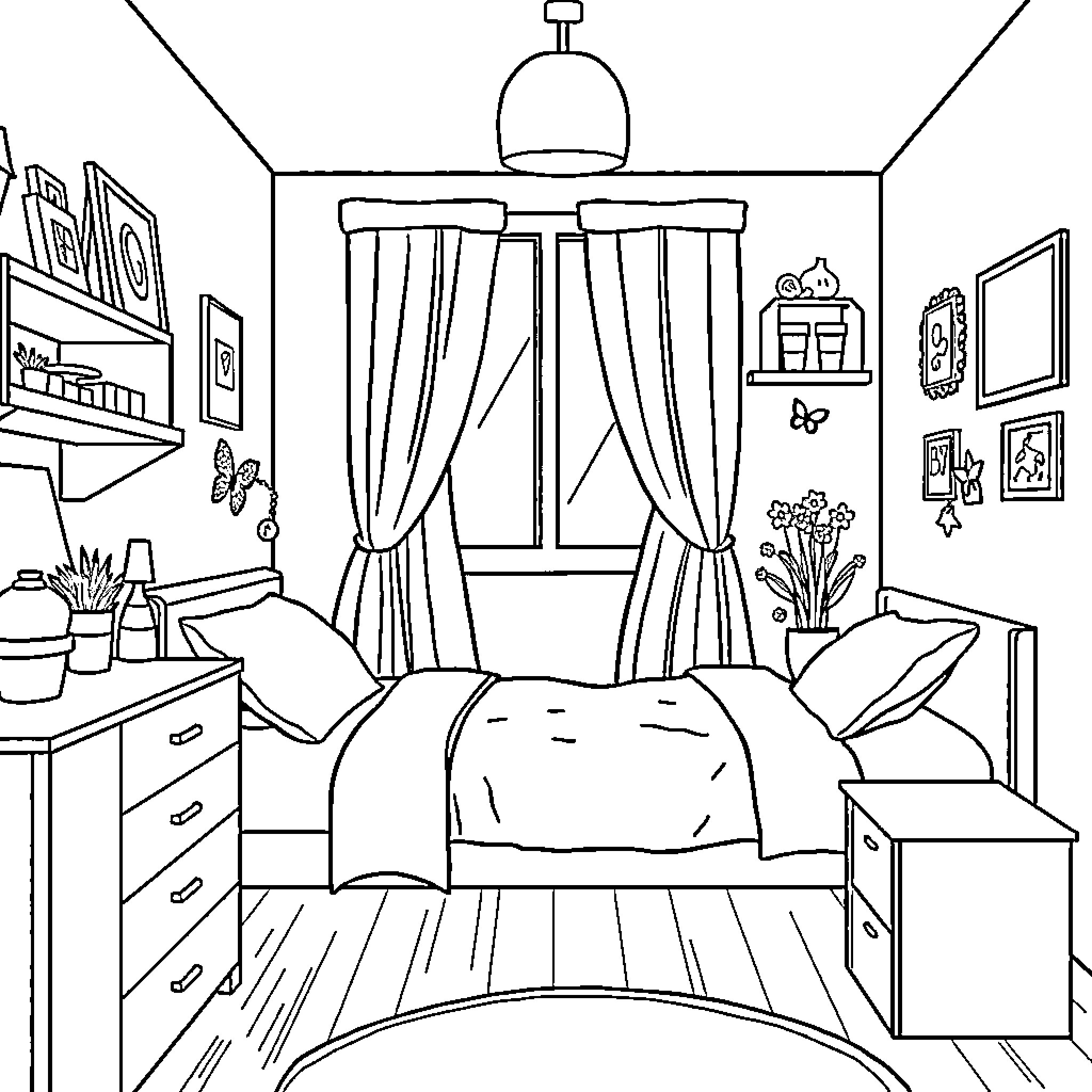Girl Bedroom with Cozy Furnishings and Decor Coloring Page (free black-and-white line drawing printable PDF for all, from beginners to advanced learners, including children, teens, adults, and seniors)
