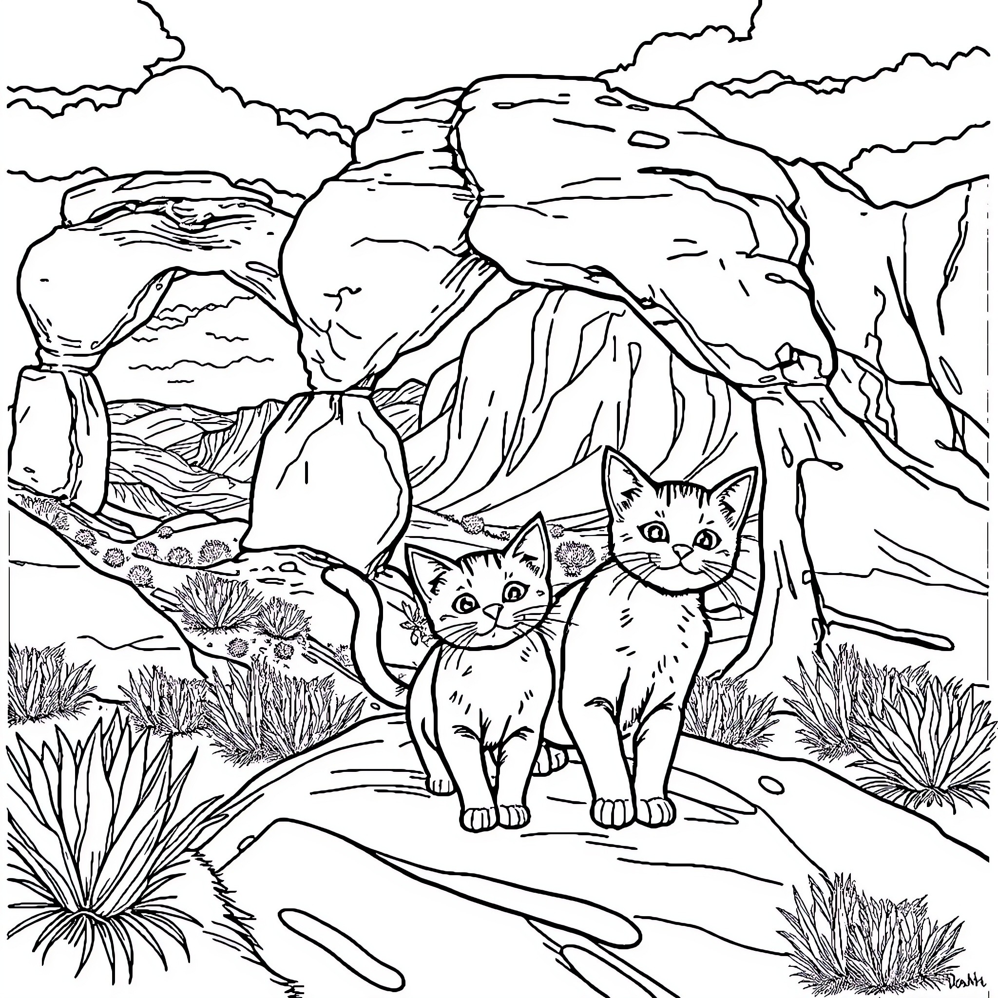 Cats exploring rocky mountain landscape Coloring Page (free black-and-white line drawing printable PDF for all, from beginners to advanced learners, including children, teens, adults, and seniors)