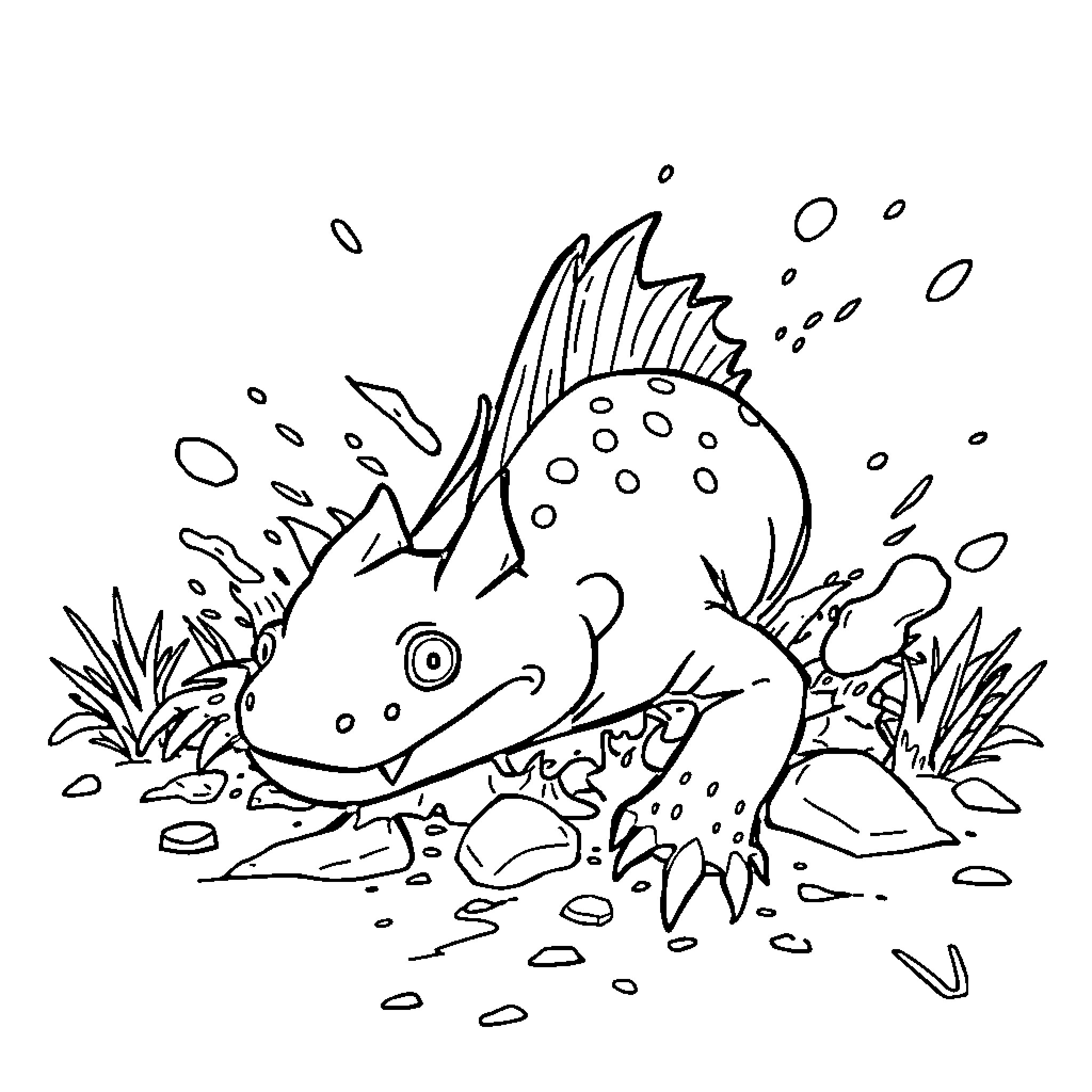 Axolotl swimming in underwater scene Coloring Page (free black-and-white line drawing printable PDF for all, from beginners to advanced learners, including children, teens, adults, and seniors)