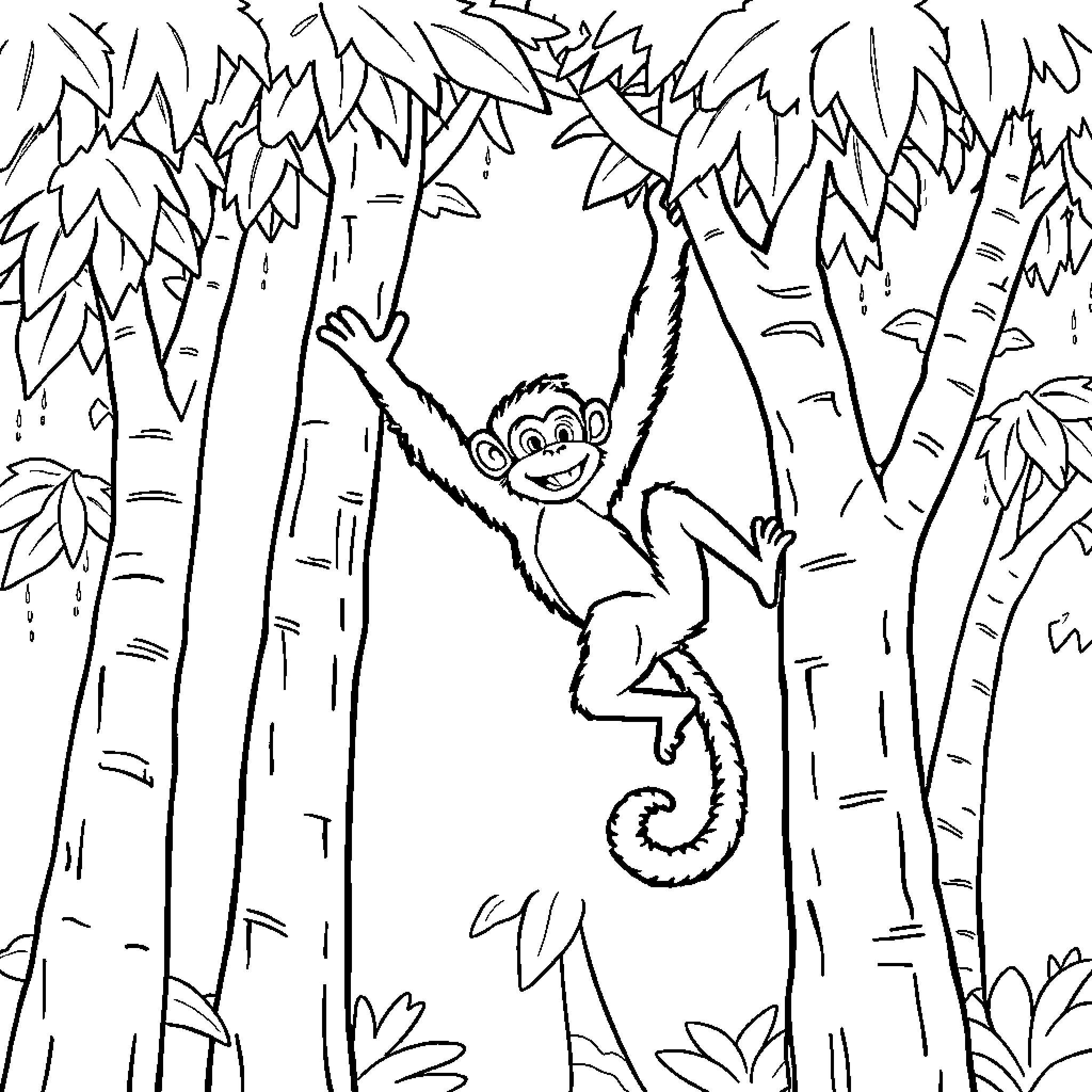 Monkey swinging happily in the forest Coloring Page (free black-and-white line drawing printable PDF for all, from beginners to advanced learners, including children, teens, adults, and seniors)