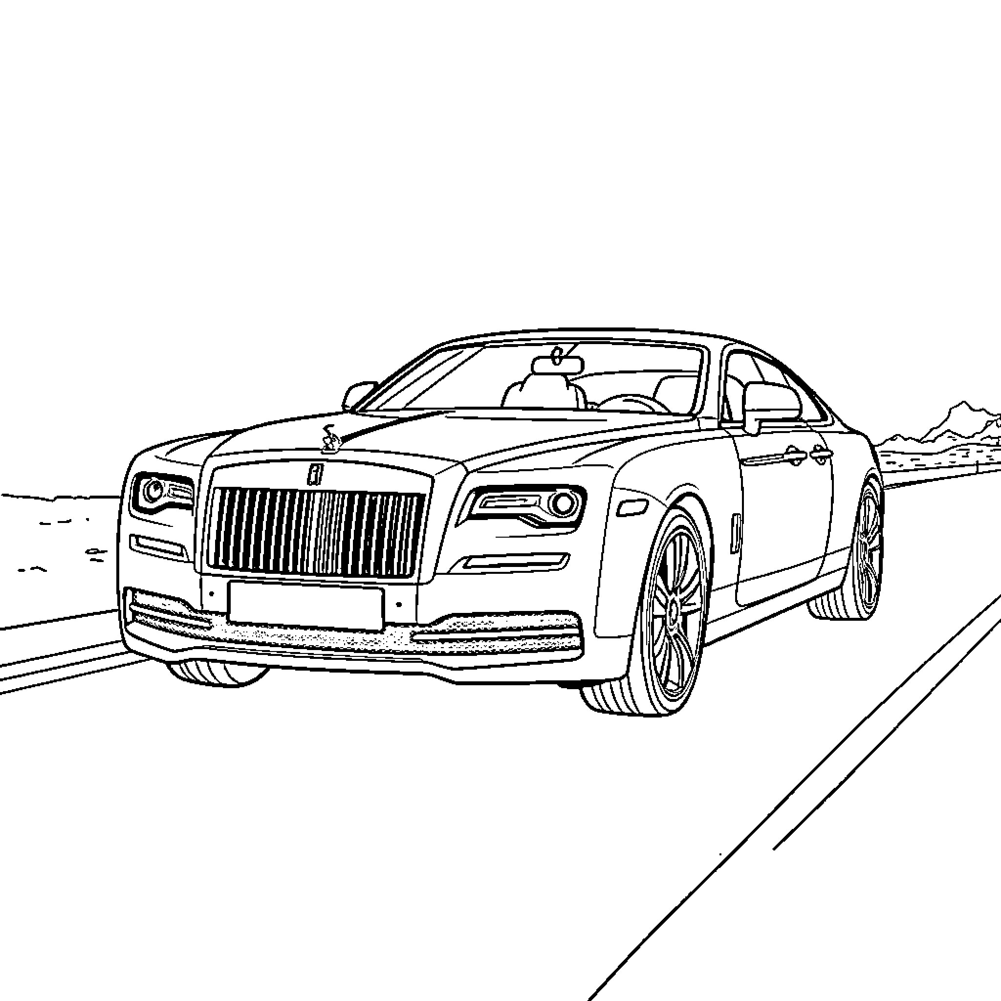 Car driving on a scenic road Coloring Page (free black-and-white line drawing printable PDF for all, from beginners to advanced learners, including children, teens, adults, and seniors)