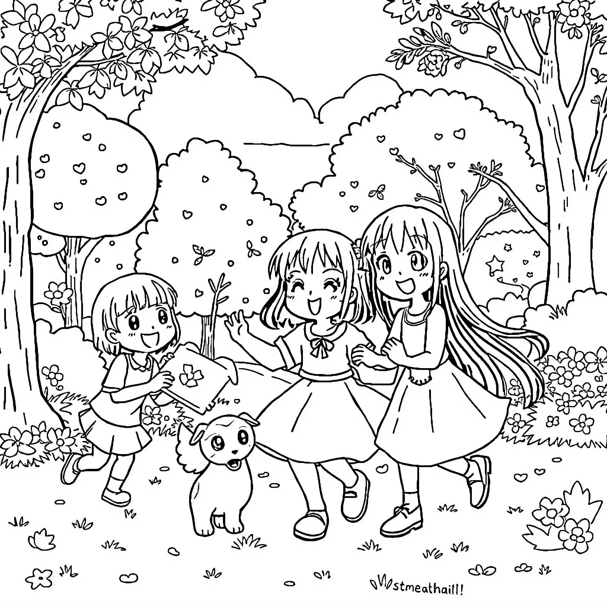 Kuromi and friends explore the enchanting forest Coloring Page (free black-and-white line drawing printable PDF for all, from beginners to advanced learners, including children, teens, adults, and seniors)