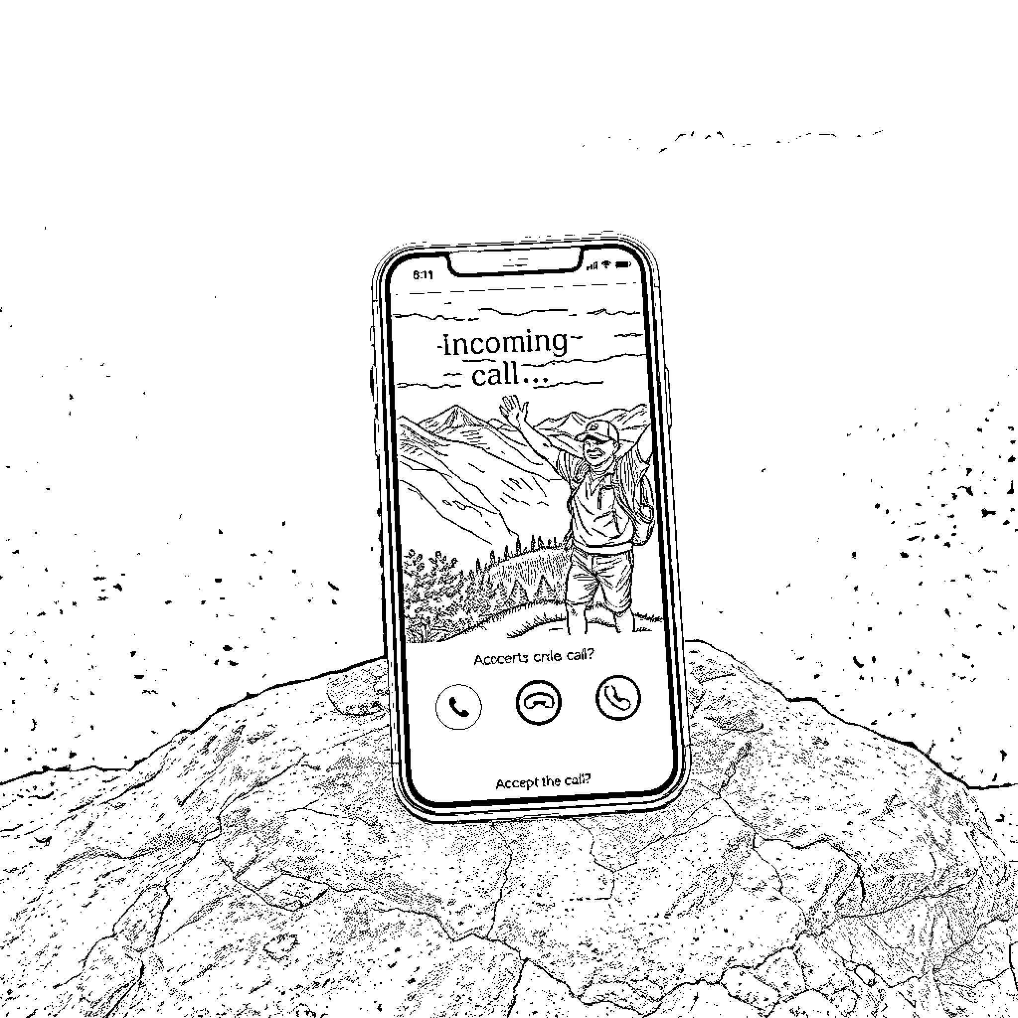 Smartphone accepting incoming call in the mountains Coloring Page (free black-and-white line drawing printable PDF for all, from beginners to advanced learners, including children, teens, adults, and seniors)