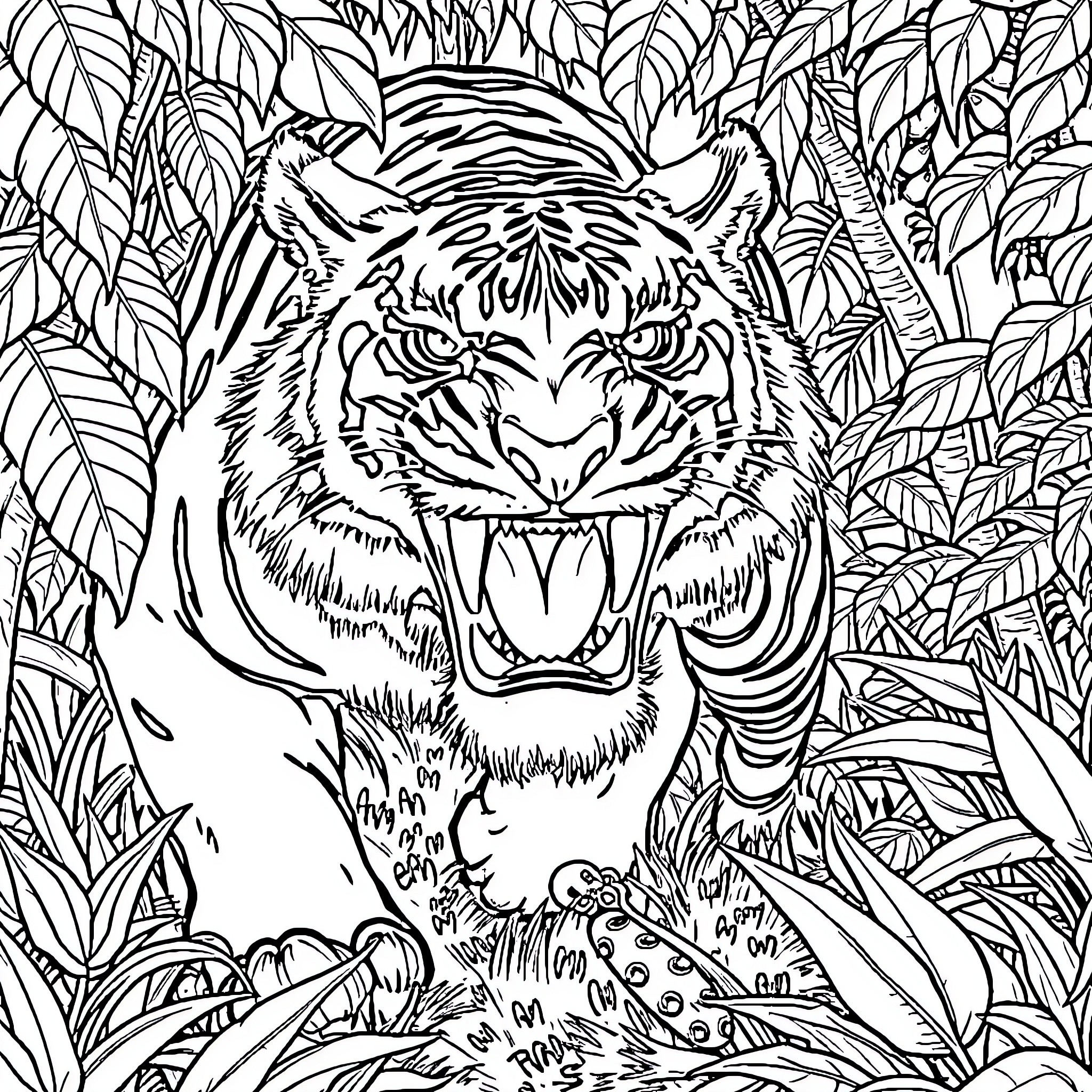 Saber-toothed Tiger Prowling Aggressively in Jungle Foliage Coloring Page (free black-and-white line drawing printable PDF for all, from beginners to advanced learners, including children, teens, adults, and seniors)