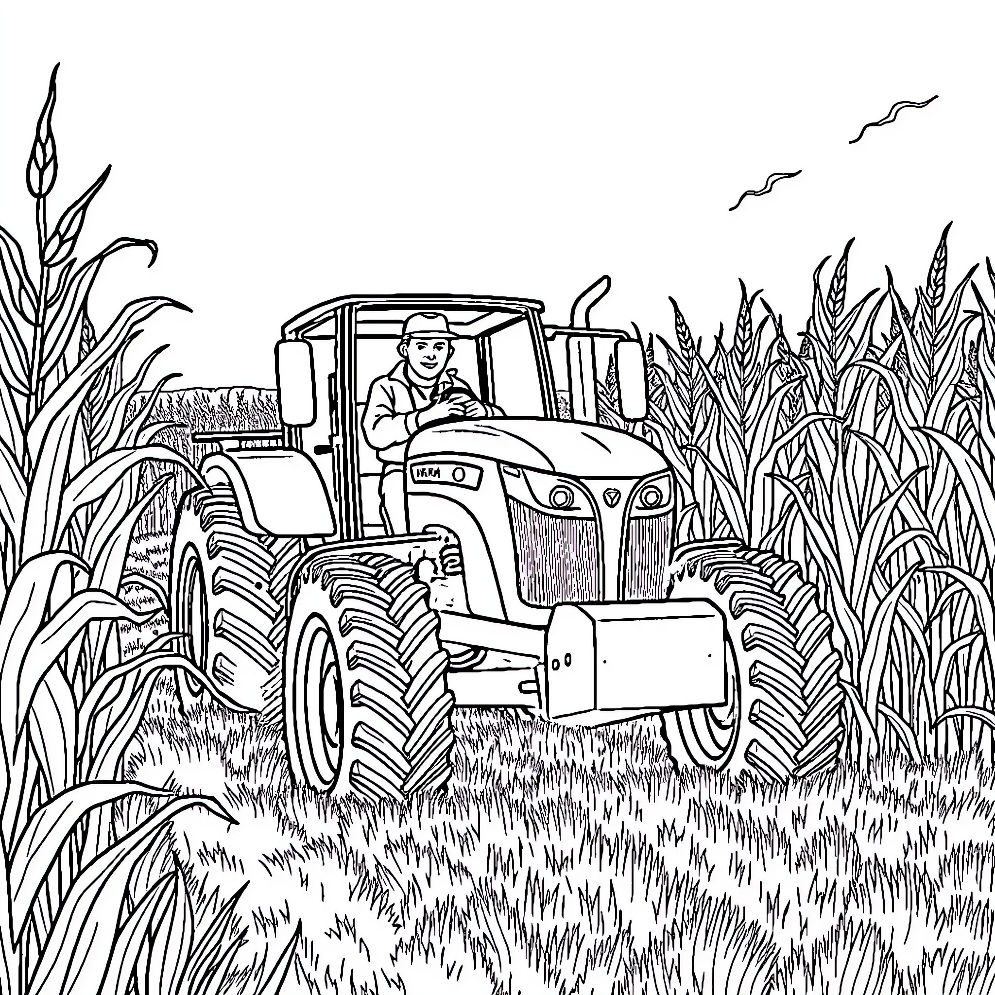 Farmer driving tractor through crop field Coloring Page (free black-and-white line drawing printable PDF for all, from beginners to advanced learners, including children, teens, adults, and seniors)