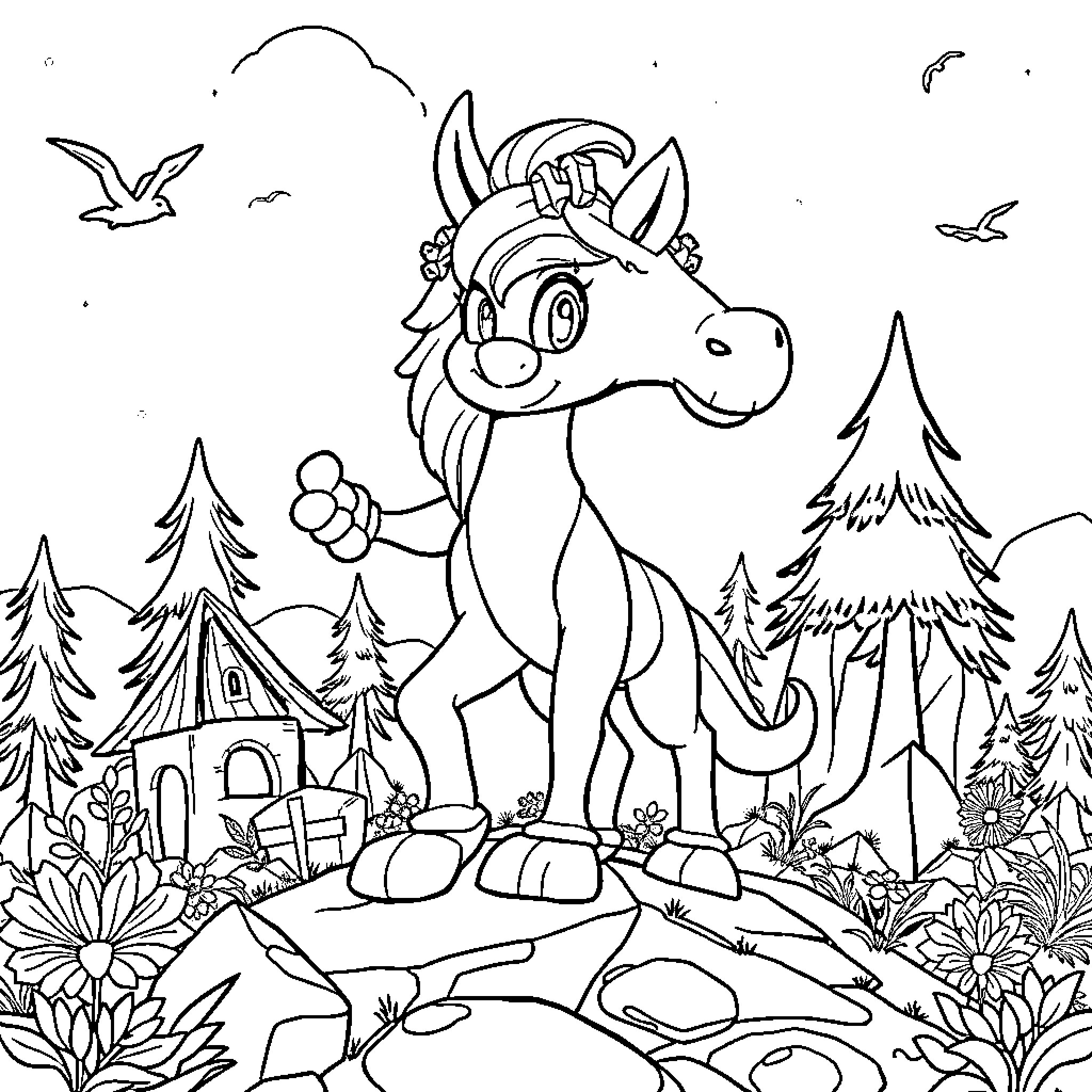 Huntrix's Pastoral Adventure Coloring Page (free black-and-white line drawing printable PDF for all, from beginners to advanced learners, including children, teens, adults, and seniors)