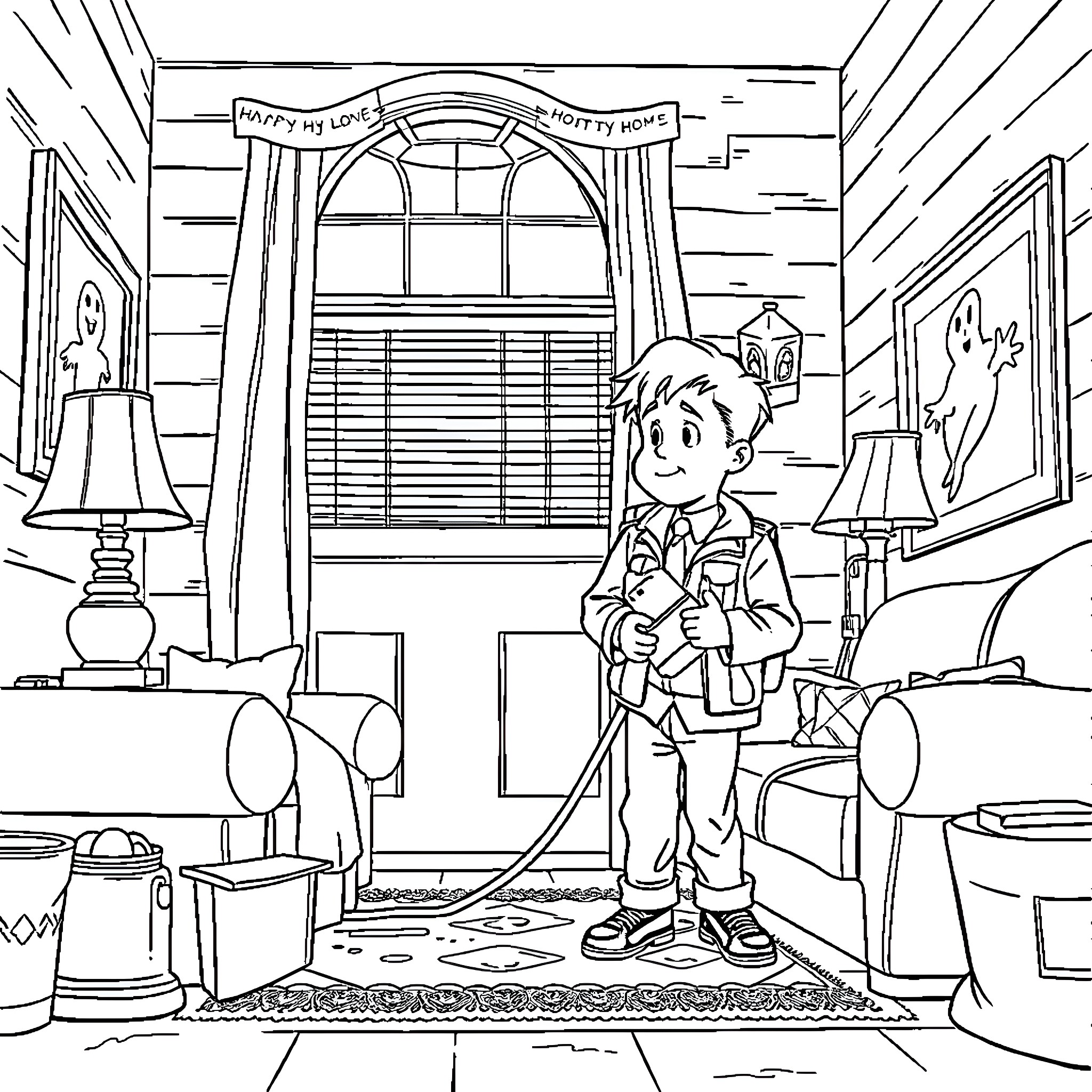 Ghostbuster investigates mysterious activity in cozy cabin Coloring Page (free black-and-white line drawing printable PDF for all, from beginners to advanced learners, including children, teens, adults, and seniors)