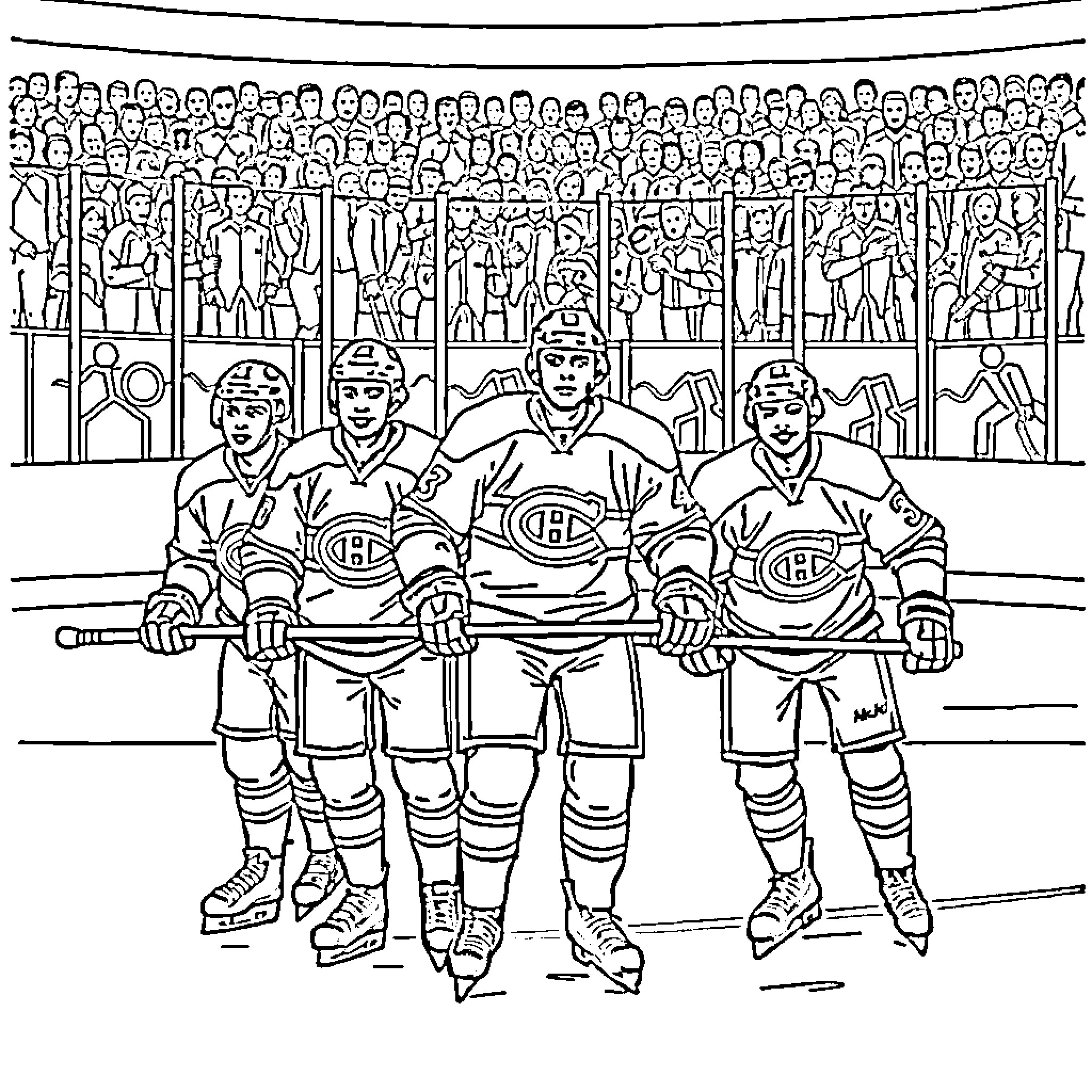 Montreal Canadiens Hockey Players on the Ice Coloring Page (free black-and-white line drawing printable PDF for all, from beginners to advanced learners, including children, teens, adults, and seniors)