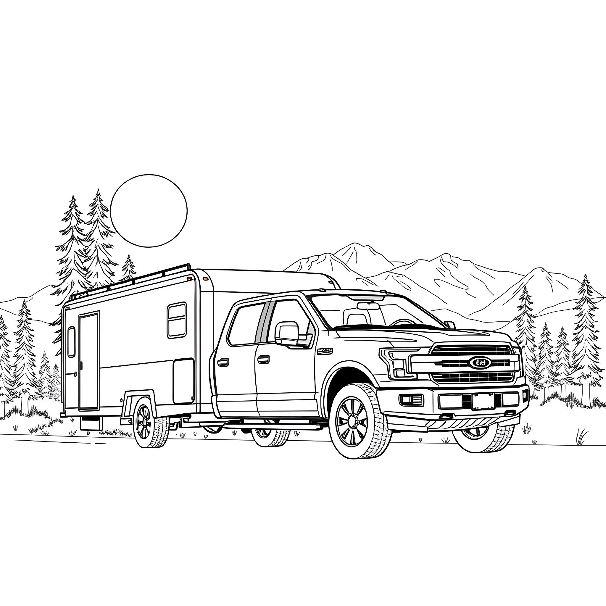 Pickup towing a camper in the mountainous outdoors Coloring Page (free black-and-white line drawing printable PDF for all, from beginners to advanced learners, including children, teens, adults, and seniors)