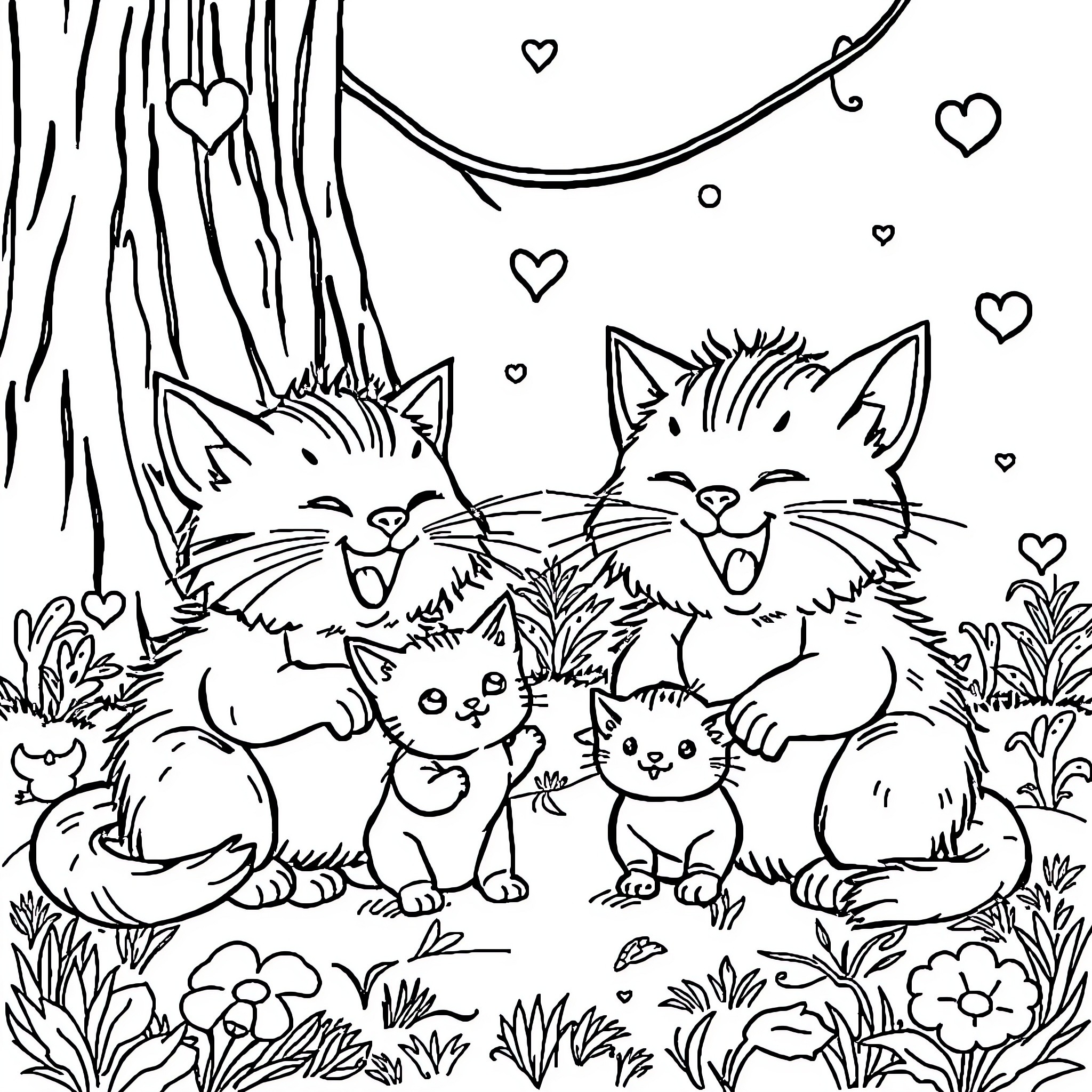 Smurf Kittens Playing Joyfully in the Forest Coloring Page (free black-and-white line drawing printable PDF for all, from beginners to advanced learners, including children, teens, adults, and seniors)