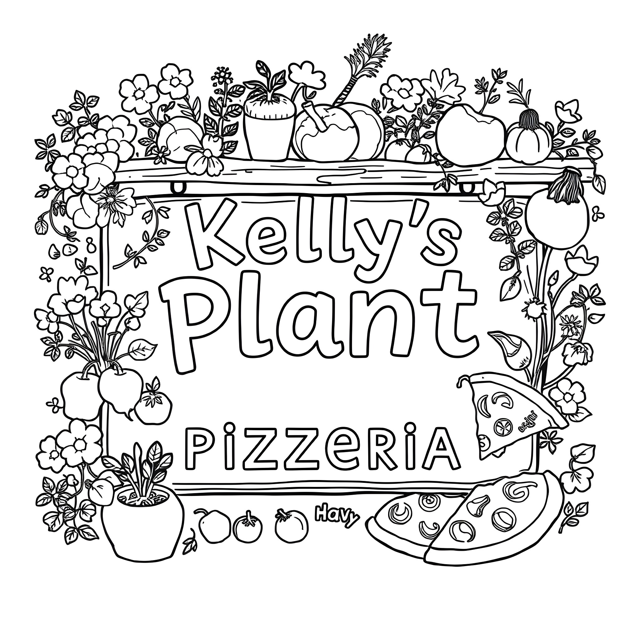 Pizza Parlor with Floral and Food Decorations Coloring Page (free black-and-white line drawing printable PDF for all, from beginners to advanced learners, including children, teens, adults, and seniors)