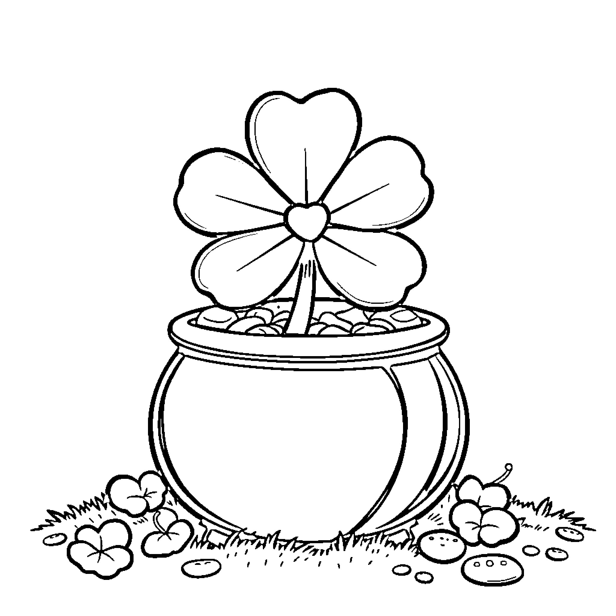 Shamrock flower in pot with grass and stones Coloring Page (free black-and-white line drawing printable PDF for all, from beginners to advanced learners, including children, teens, adults, and seniors)