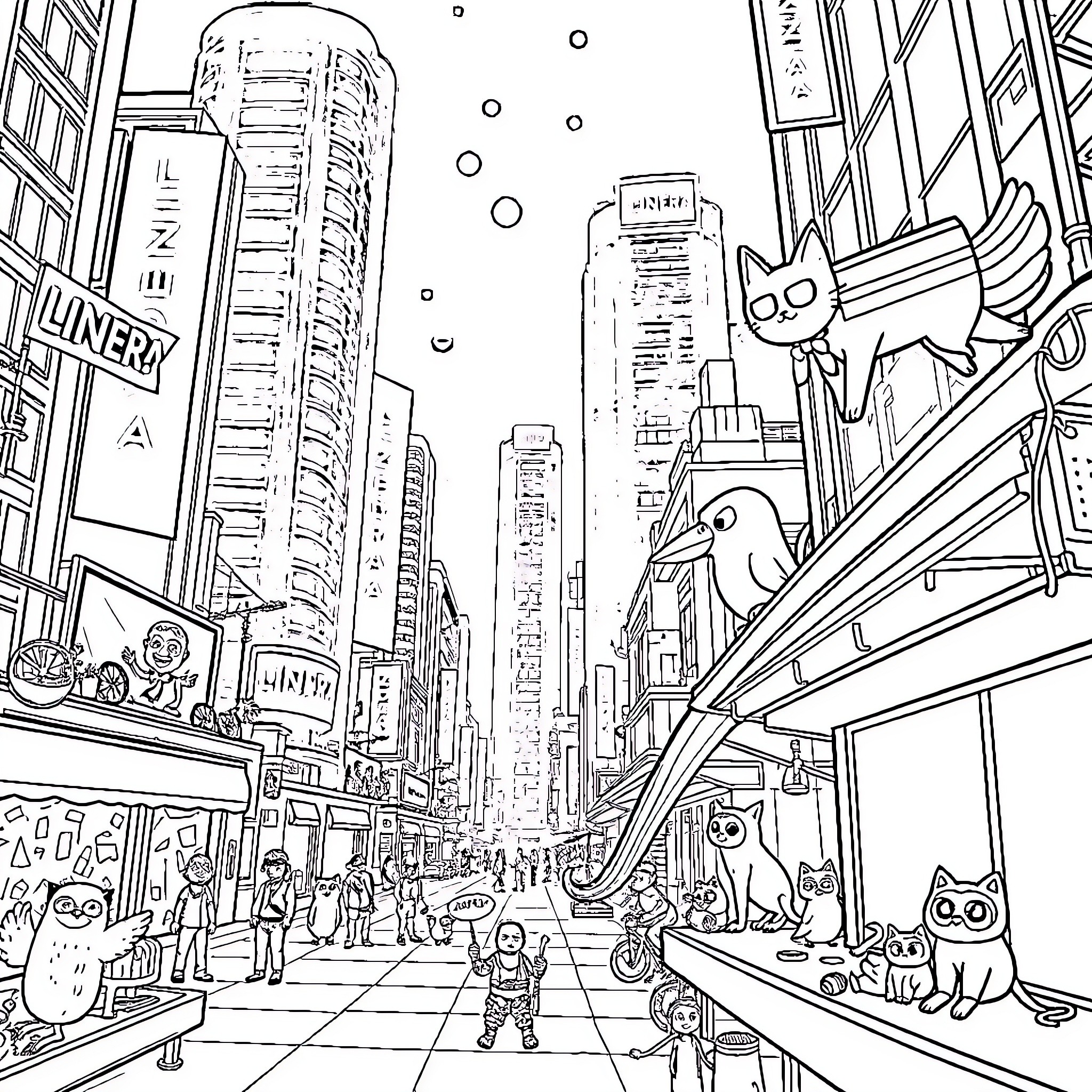 NFT Characters in a Bustling City Scene Coloring Page (free black-and-white line drawing printable PDF for all, from beginners to advanced learners, including children, teens, adults, and seniors)