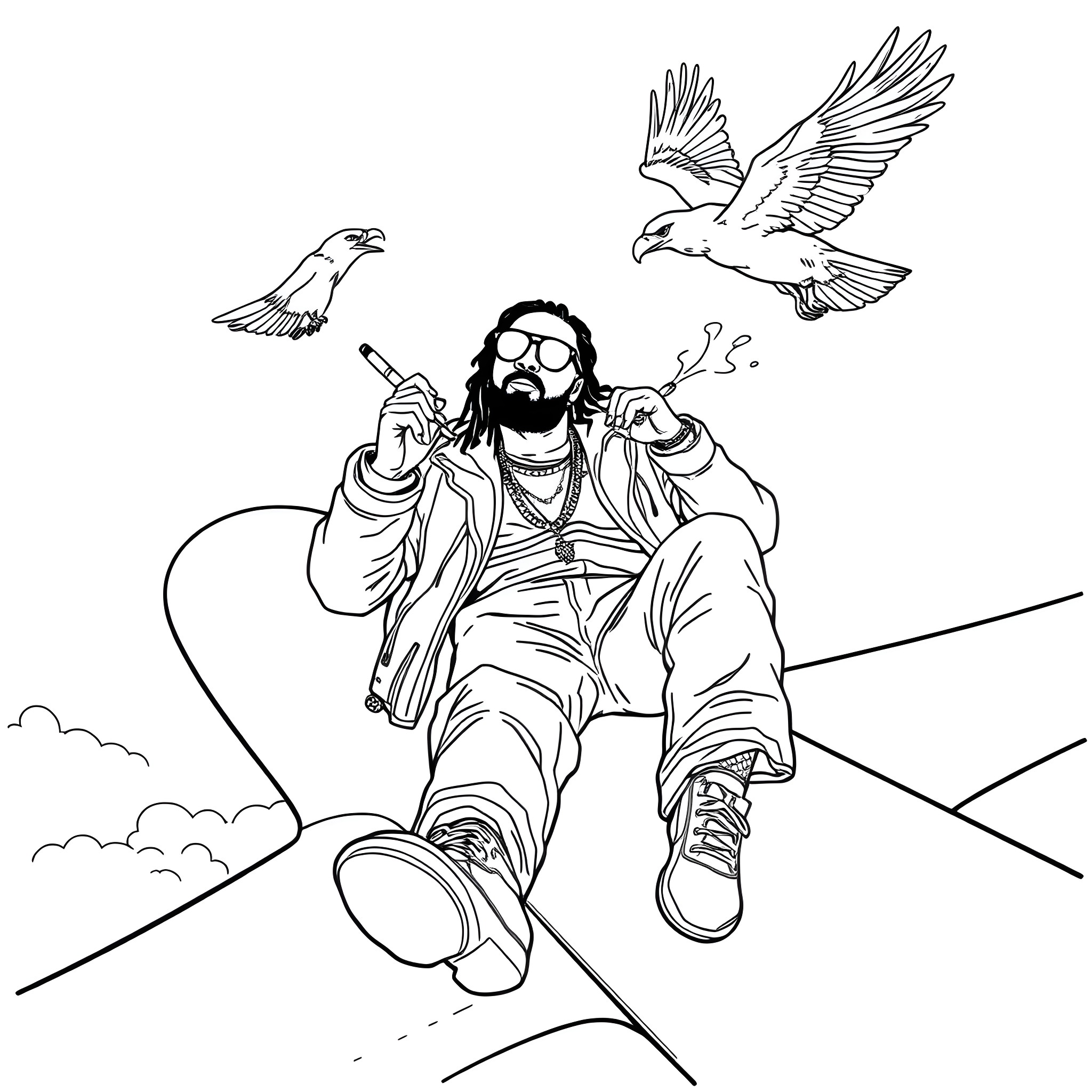 Wiz Khalifa relaxing in the clouds with birds Coloring Page (free black-and-white line drawing printable PDF for all, from beginners to advanced learners, including children, teens, adults, and seniors)