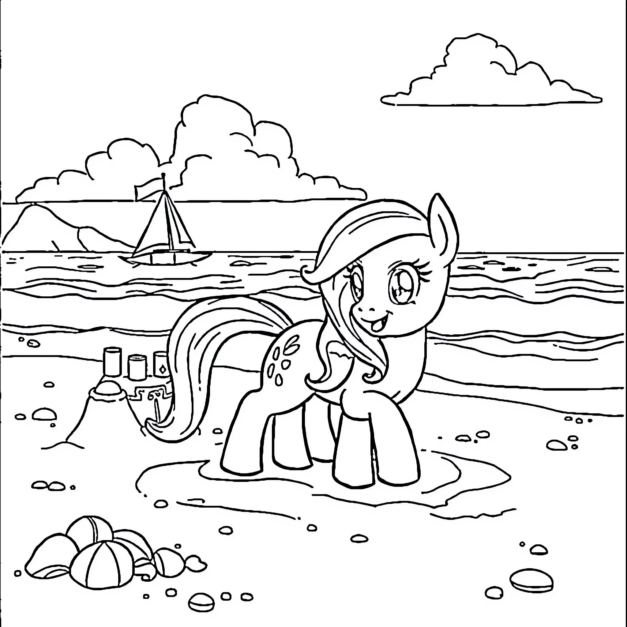 Pony enjoying a day at the beach Coloring Page (free black-and-white line drawing printable PDF for all, from beginners to advanced learners, including children, teens, adults, and seniors)