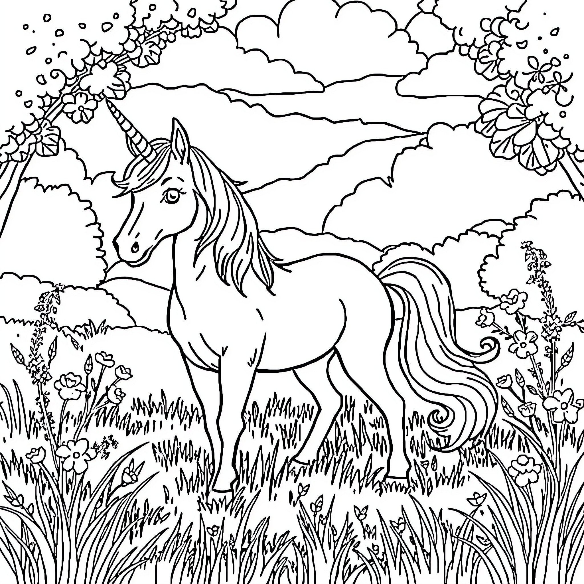 Unicorn standing majestically in a magical meadow Coloring Page (free black-and-white line drawing printable PDF for all, from beginners to advanced learners, including children, teens, adults, and seniors)