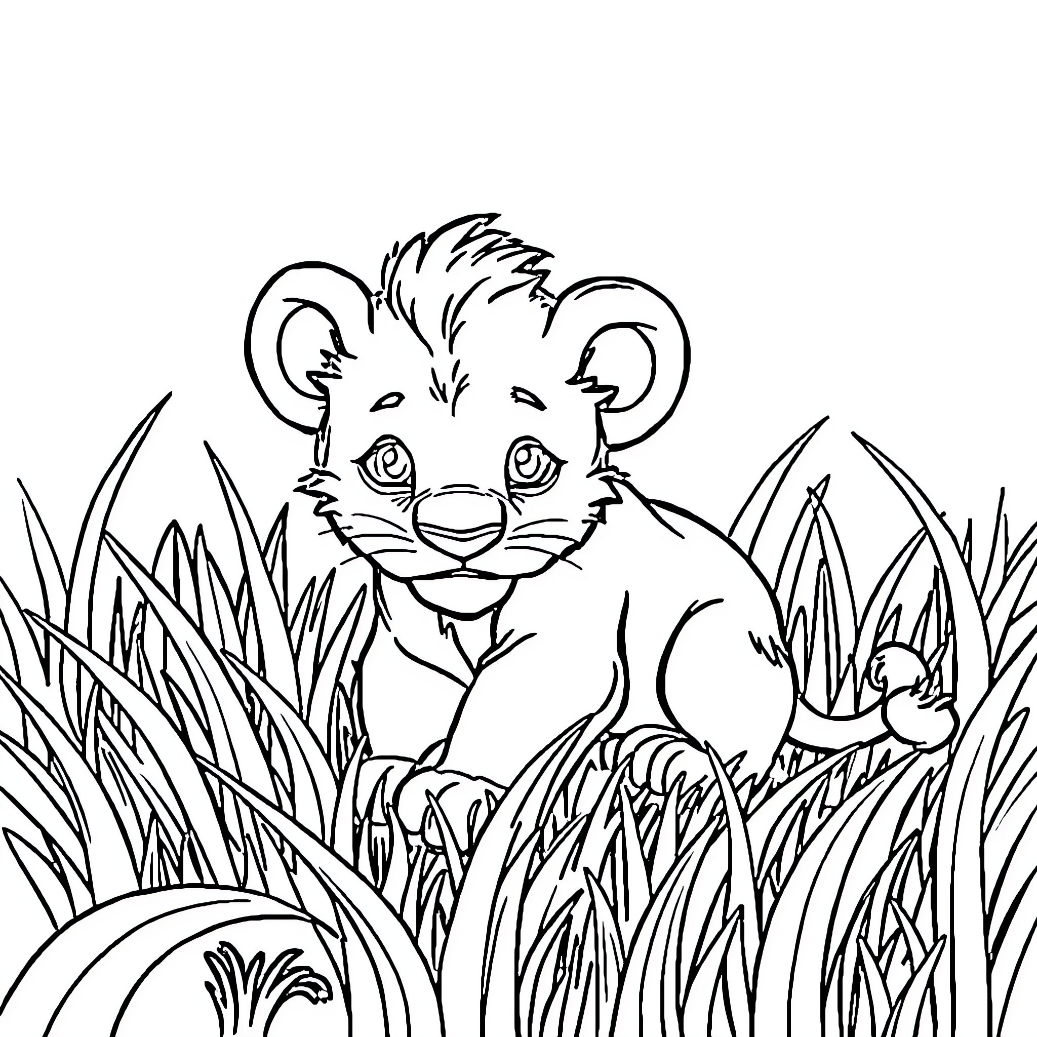 Lion cub peeking through tall grass Coloring Page (free black-and-white line drawing printable PDF for all, from beginners to advanced learners, including children, teens, adults, and seniors)