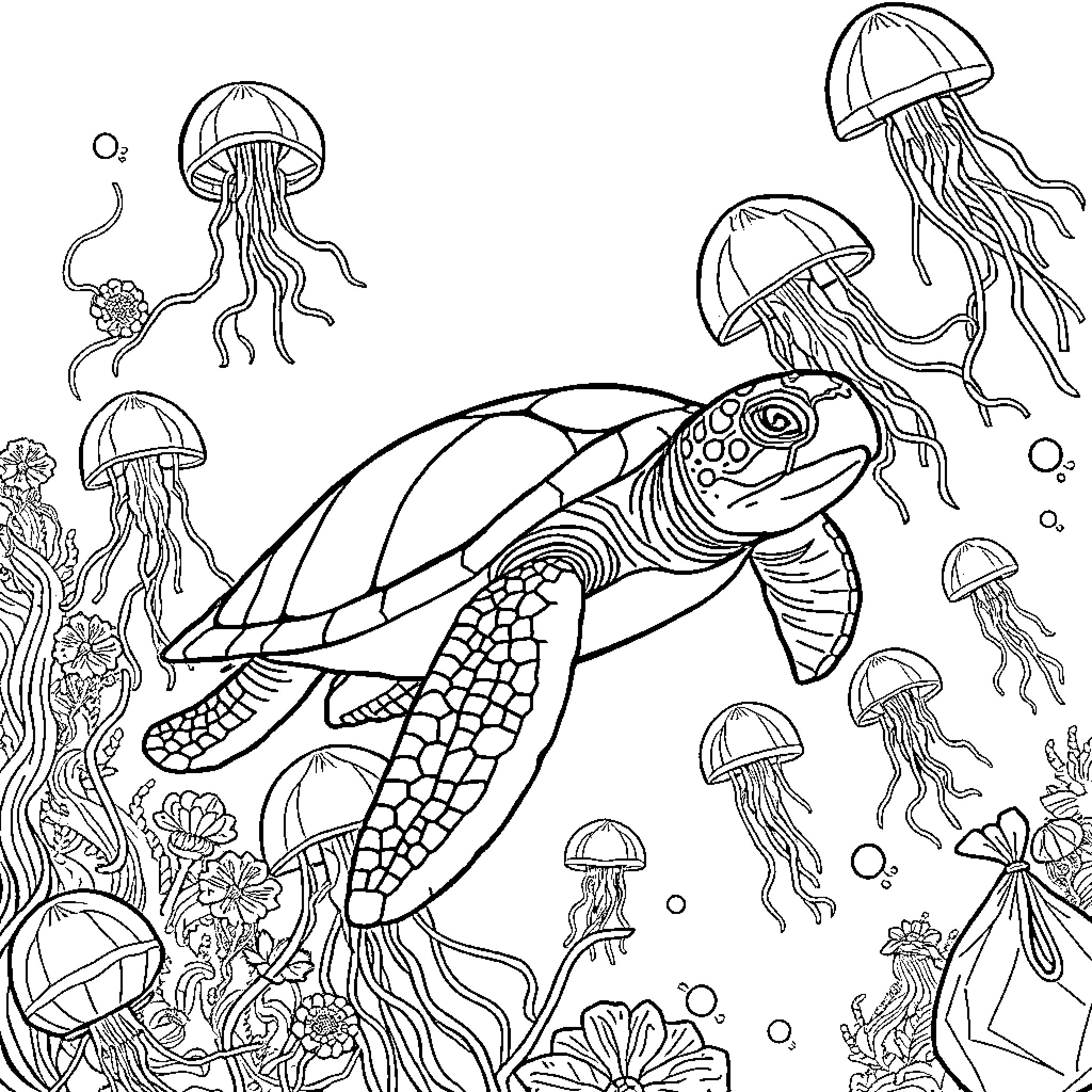 Sea Turtle swimming amidst jellyfish in the ocean Coloring Page (free black-and-white line drawing printable PDF for all, from beginners to advanced learners, including children, teens, adults, and seniors)