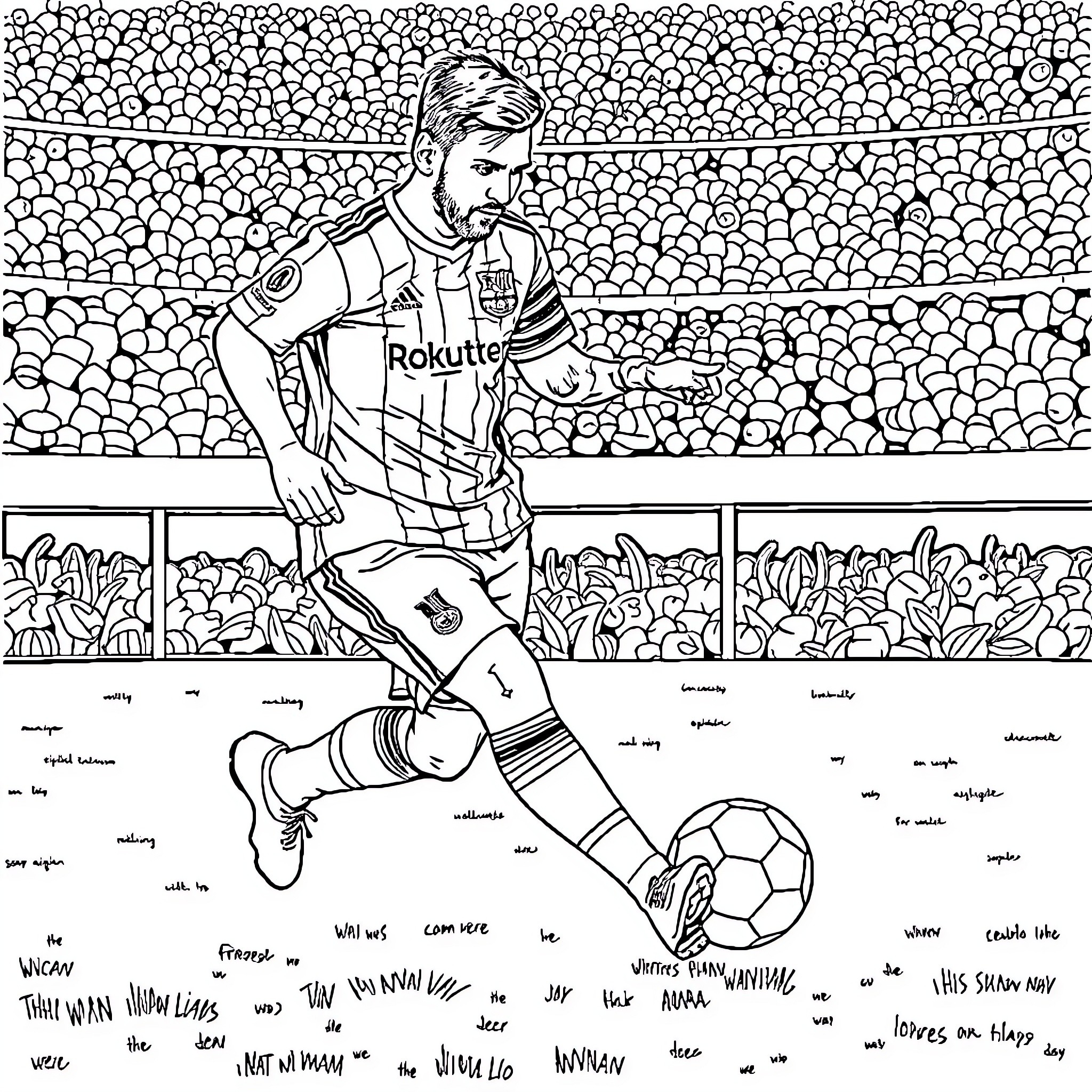 Messi celebrating his goal in the stadium Coloring Page (free black-and-white line drawing printable PDF for all, from beginners to advanced learners, including children, teens, adults, and seniors)