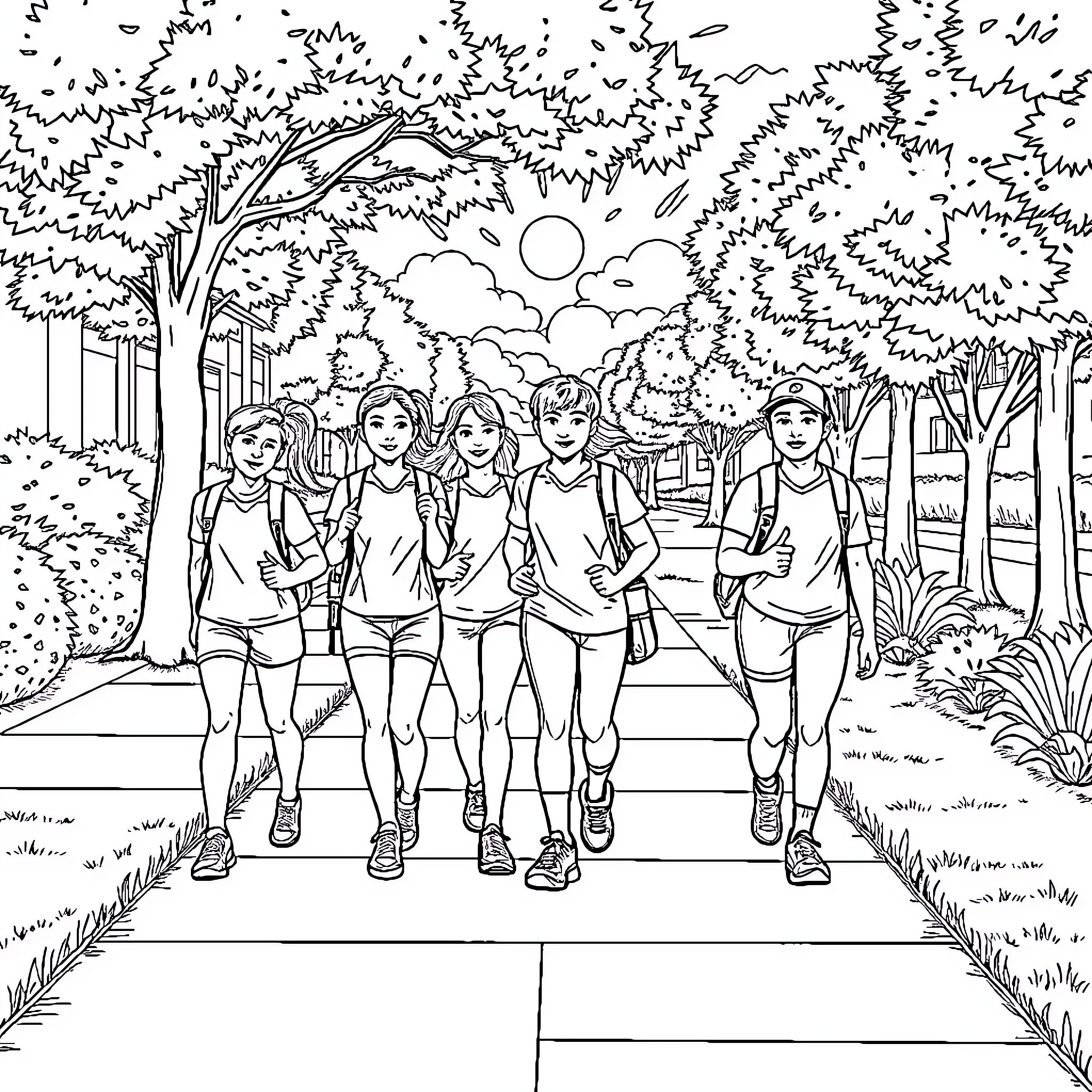 Students Walking Together on a Scenic Path Coloring Page (free black-and-white line drawing printable PDF for all, from beginners to advanced learners, including children, teens, adults, and seniors)