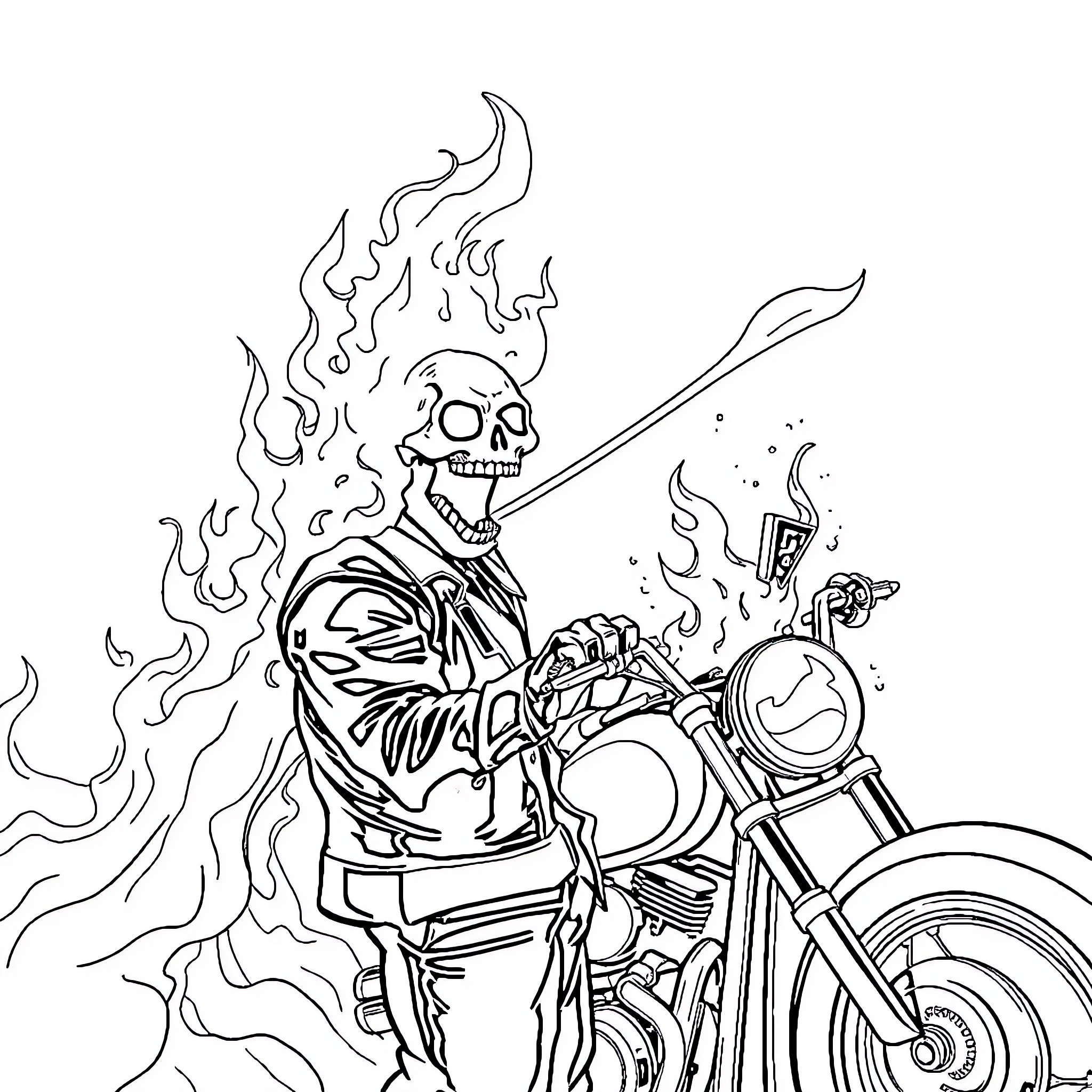 Ghost Rider Riding Flaming Motorcycle with Skull Head Coloring Page (free black-and-white line drawing printable PDF for all, from beginners to advanced learners, including children, teens, adults, and seniors)