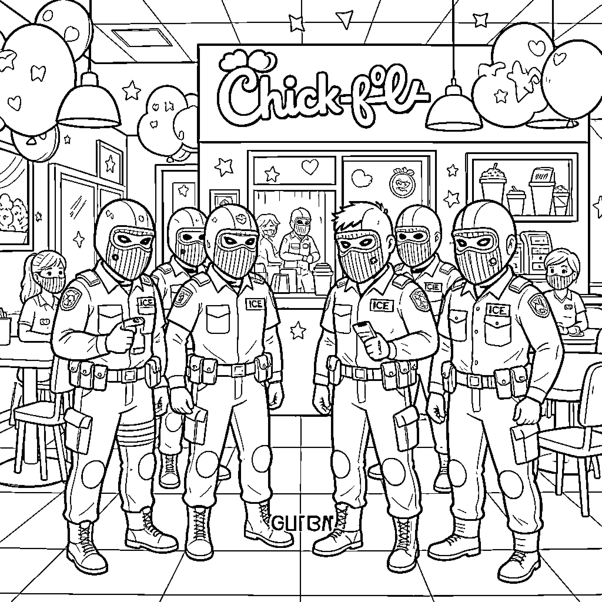 Ice Agent group posing in a casual diner setting Coloring Page (free black-and-white line drawing printable PDF for all, from beginners to advanced learners, including children, teens, adults, and seniors)