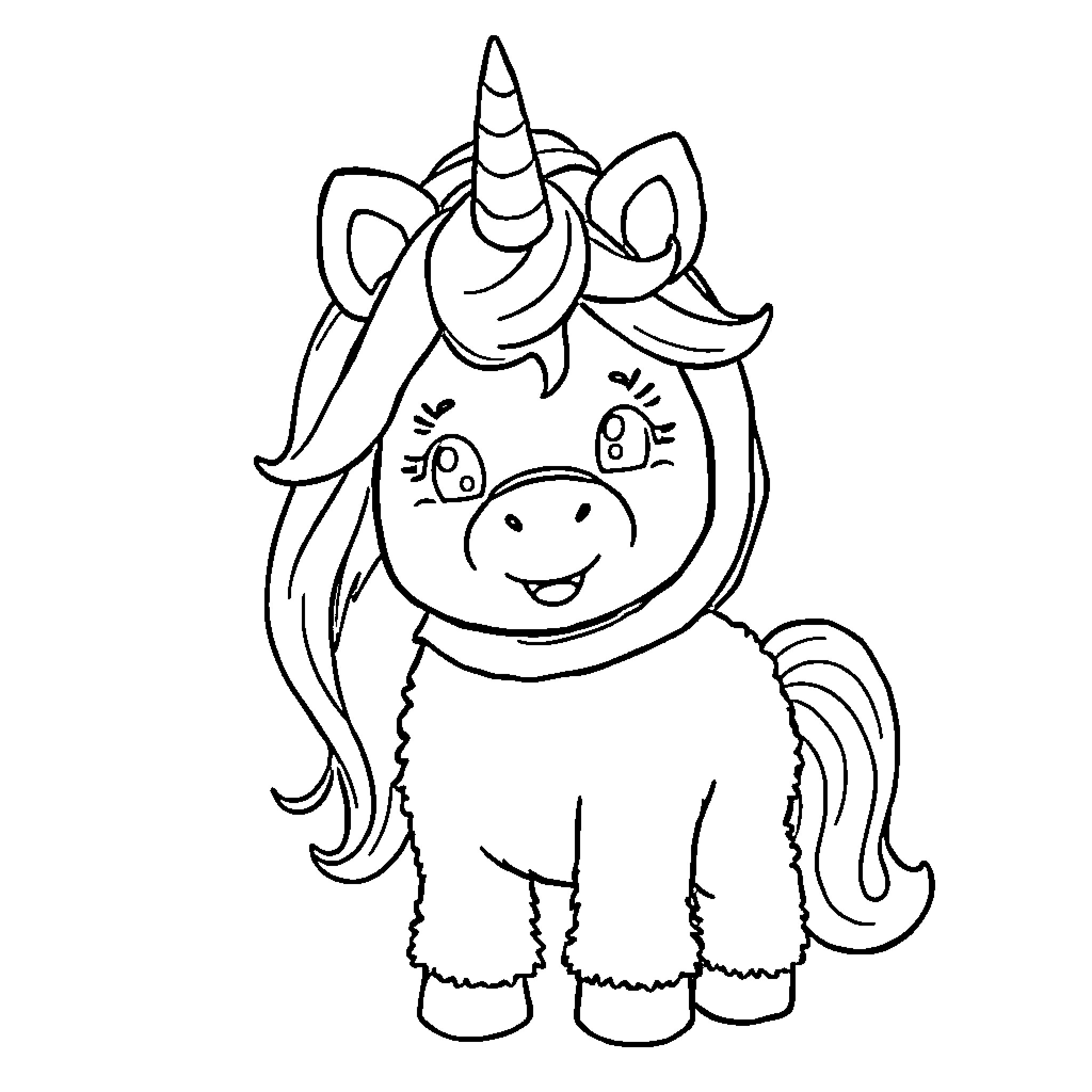 Unicorn plush toy in playful pose Coloring Page (free black-and-white line drawing printable PDF for all, from beginners to advanced learners, including children, teens, adults, and seniors)