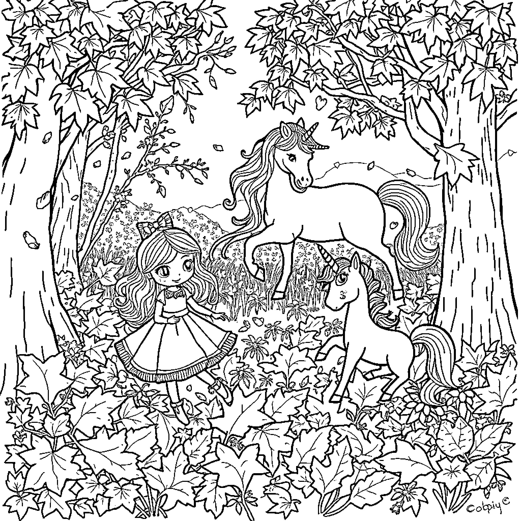 Doll exploring magical forest with unicorns Coloring Page (free black-and-white line drawing printable PDF for all, from beginners to advanced learners, including children, teens, adults, and seniors)