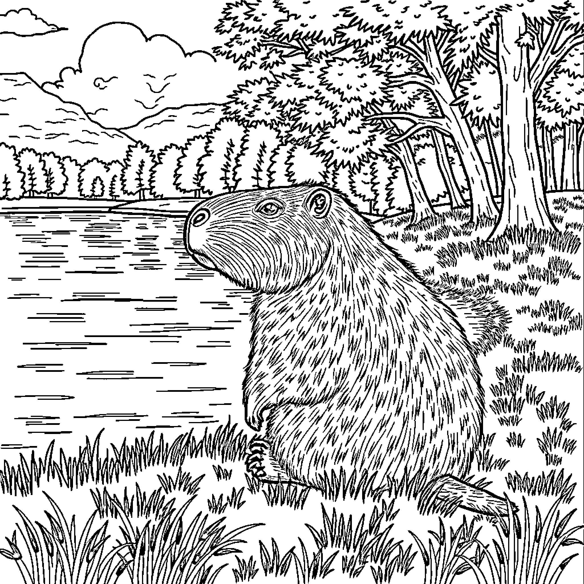 Capybara enjoying nature by the lake Coloring Page (free black-and-white line drawing printable PDF for all, from beginners to advanced learners, including children, teens, adults, and seniors)