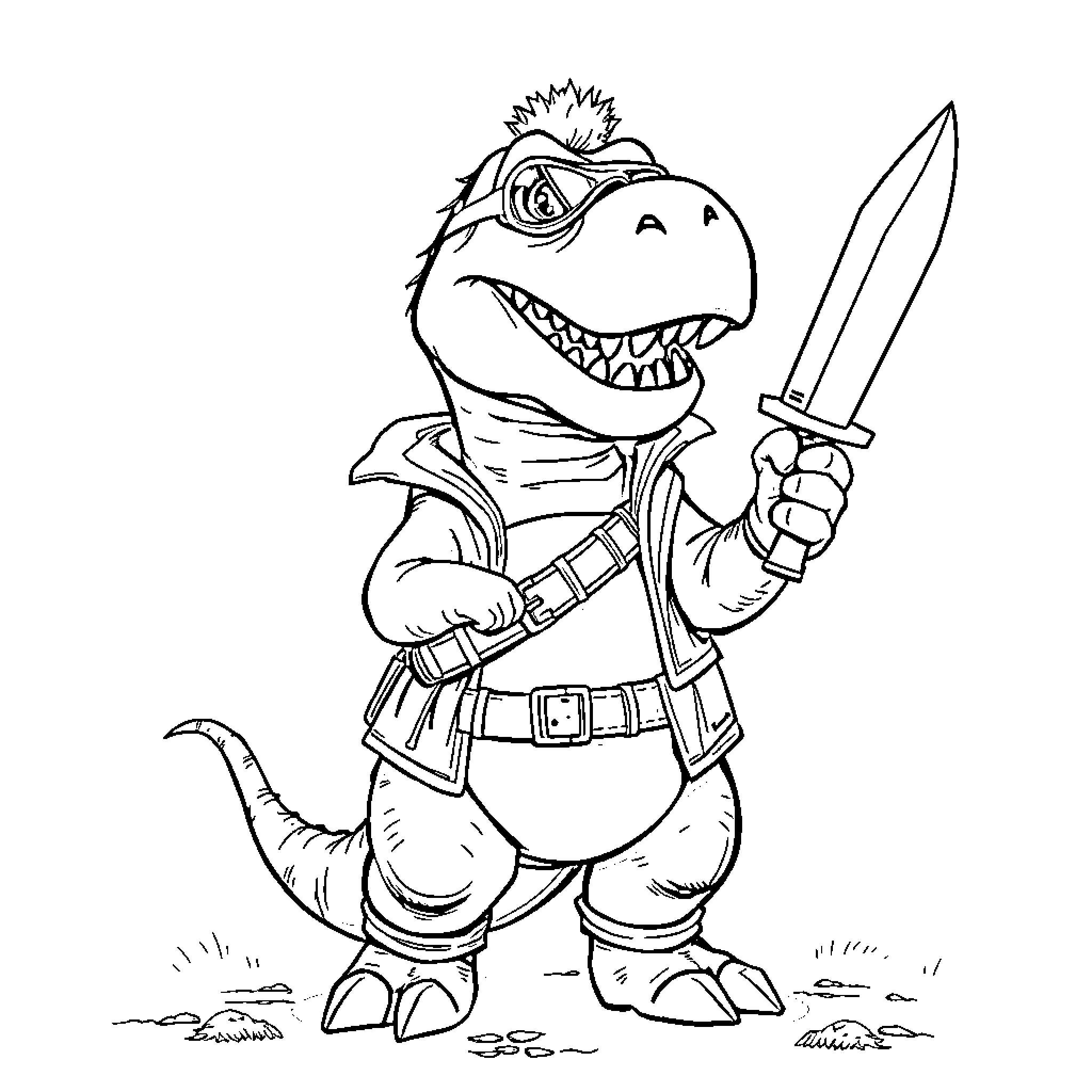 Barney the Pirate Dinosaur Wielding a Sword Coloring Page (free black-and-white line drawing printable PDF for all, from beginners to advanced learners, including children, teens, adults, and seniors)
