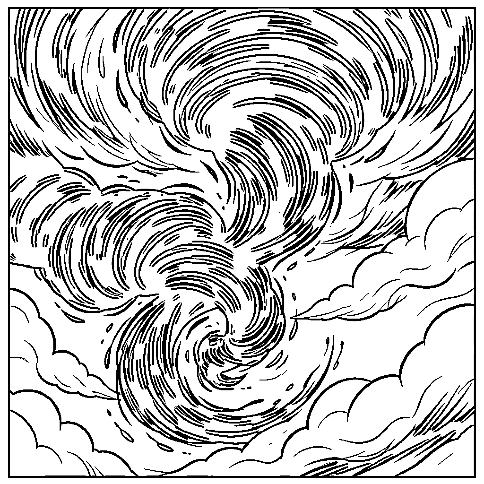 Tornado of swirling winds in the cloudy sky Coloring Page (free black-and-white line drawing printable PDF for all, from beginners to advanced learners, including children, teens, adults, and seniors)