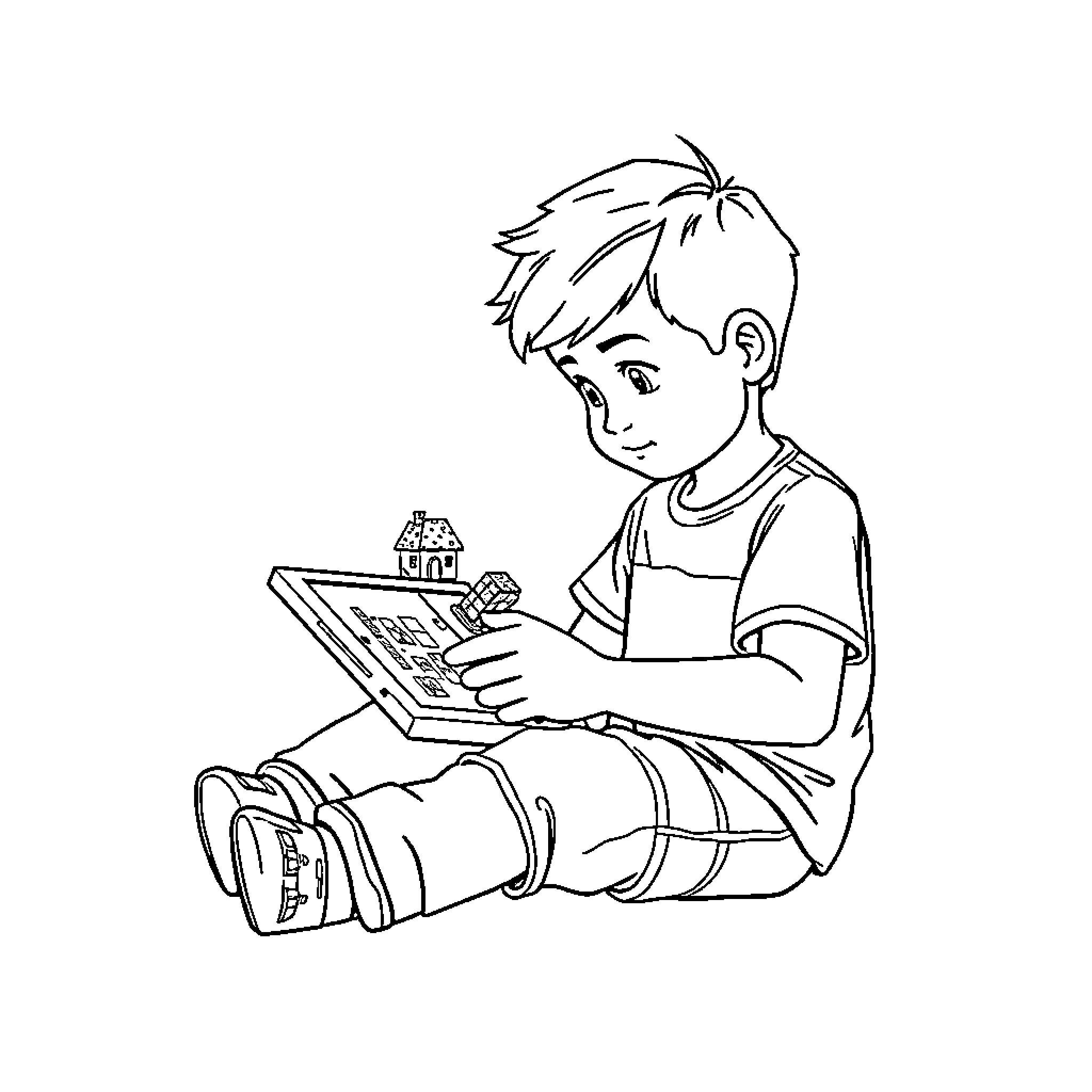 Kid Enjoying Drawing on Tablet with Excitement Coloring Page (free black-and-white line drawing printable PDF for all, from beginners to advanced learners, including children, teens, adults, and seniors)
