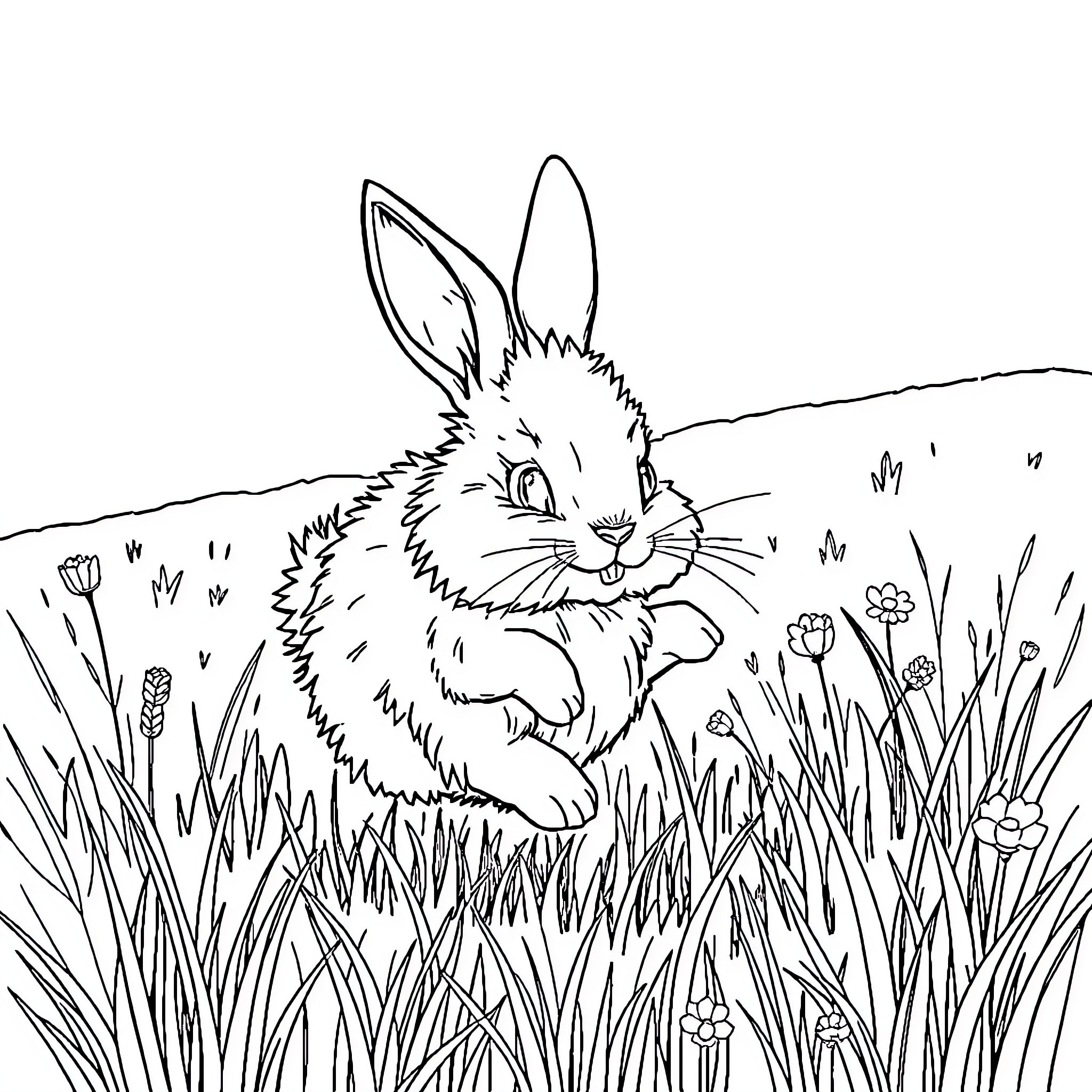 Bunny hopping playfully through a grassy field Coloring Page (free black-and-white line drawing printable PDF for all, from beginners to advanced learners, including children, teens, adults, and seniors)