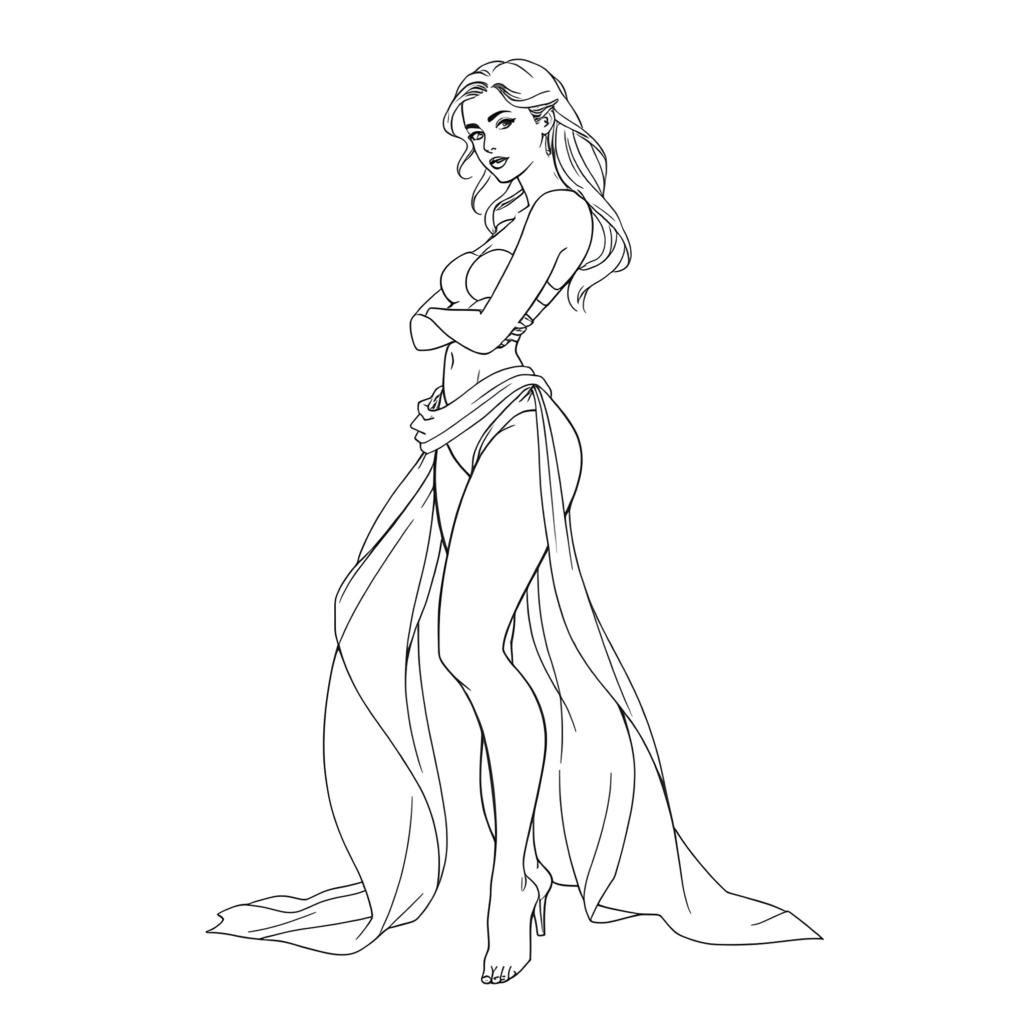 Girl in flowing dress stands confidently Coloring Page (free black-and-white line drawing printable PDF for all, from beginners to advanced learners, including children, teens, adults, and seniors)