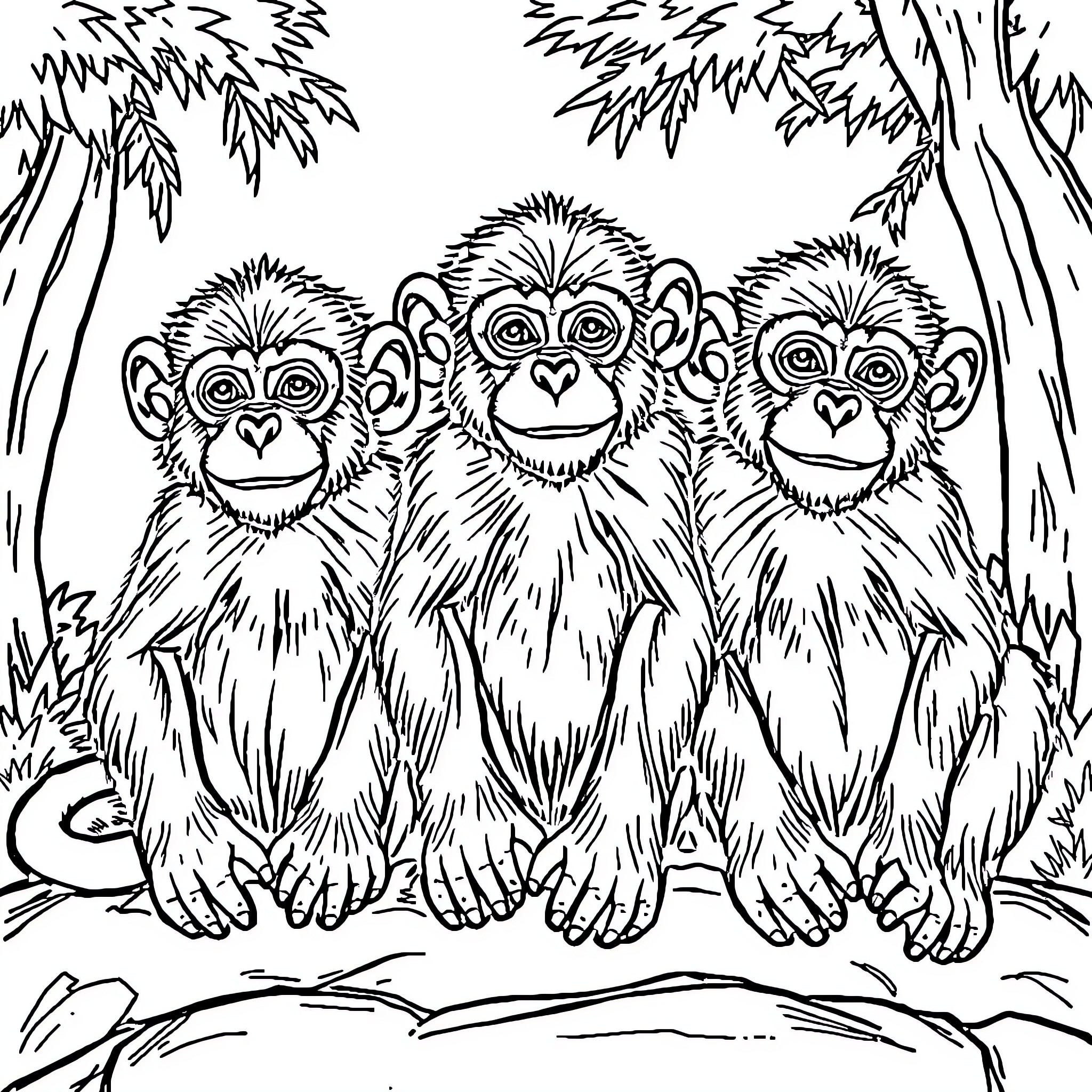 Single Cheeky Monkeys in the Jungle Coloring Page (free black-and-white line drawing printable PDF for all, from beginners to advanced learners, including children, teens, adults, and seniors)