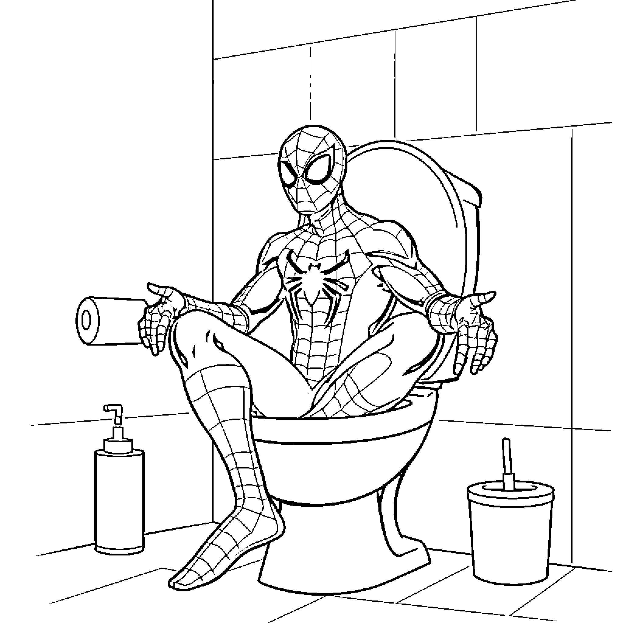 Spider-Man on the Toilet Coloring Page (free black-and-white line drawing printable PDF for all, from beginners to advanced learners, including children, teens, adults, and seniors)