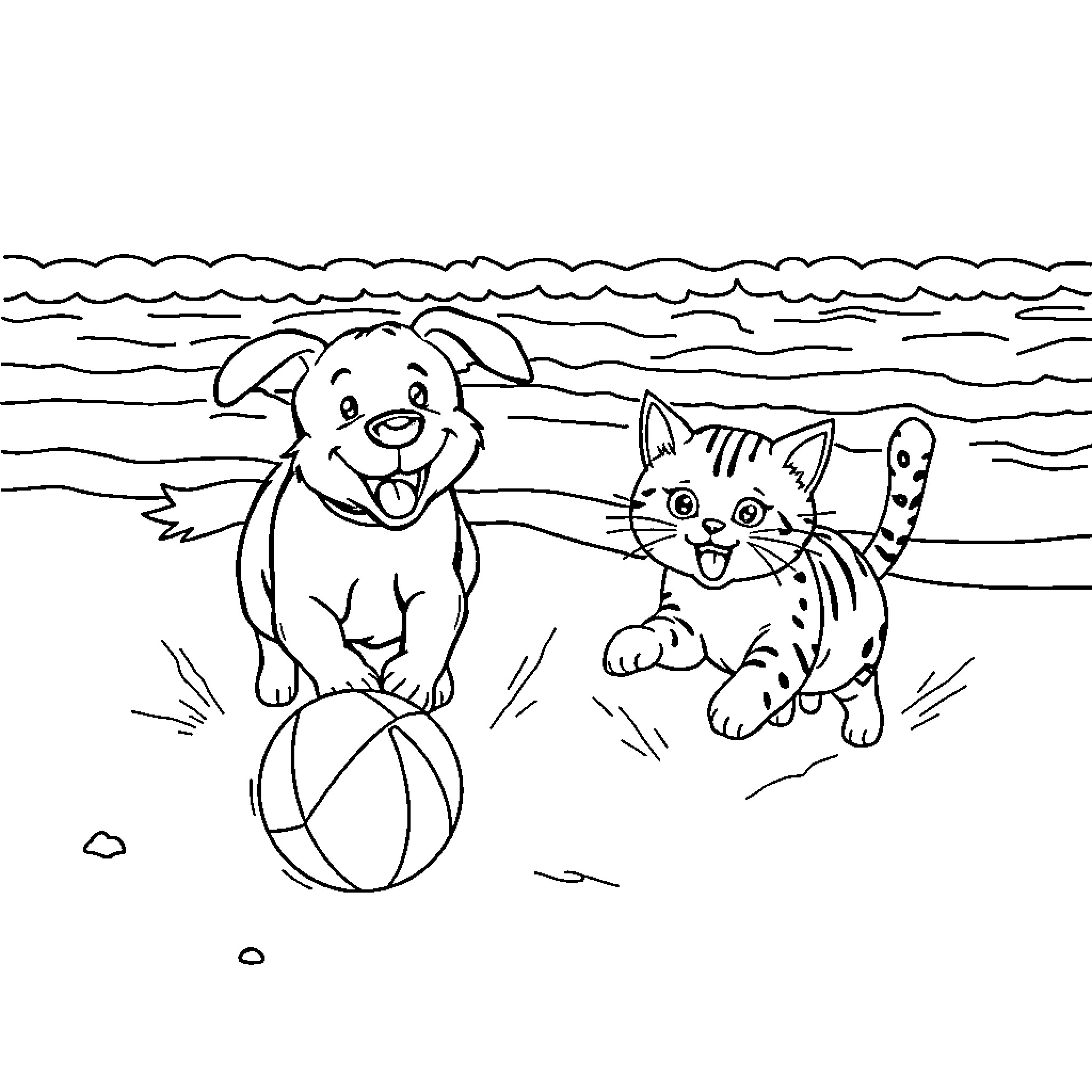 Dog and Cat Playing with Ball on the Beach Coloring Page (free black-and-white line drawing printable PDF for all, from beginners to advanced learners, including children, teens, adults, and seniors)